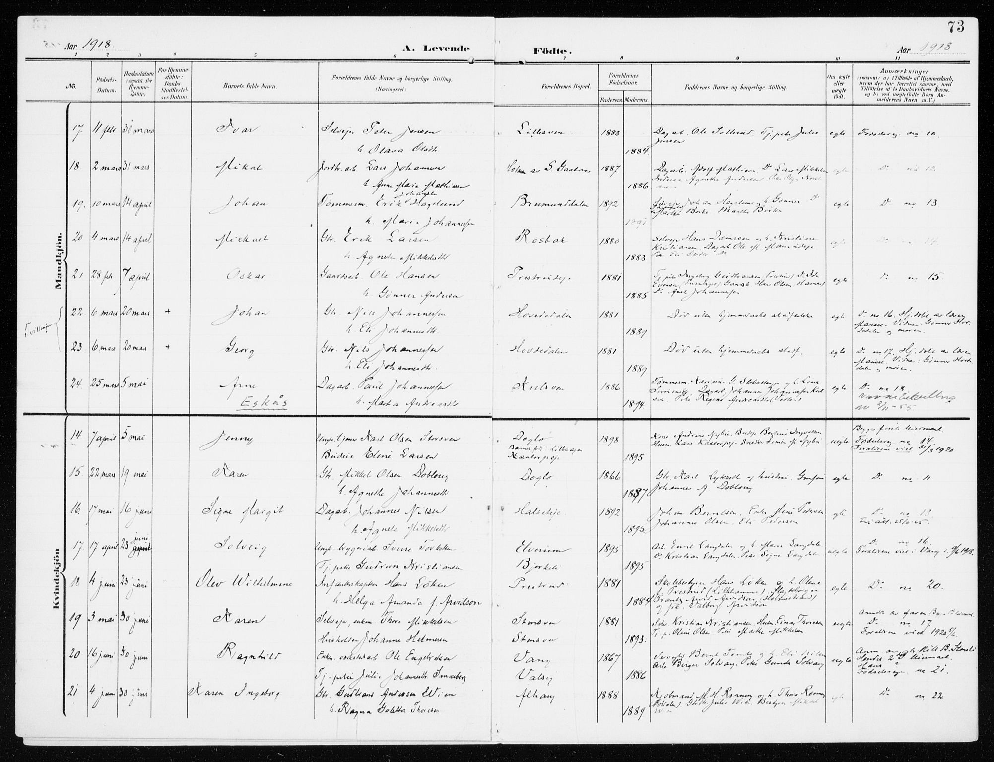 Furnes prestekontor, AV/SAH-PREST-012/K/Ka/L0001: Parish register (official) no. 1, 1907-1935, p. 73