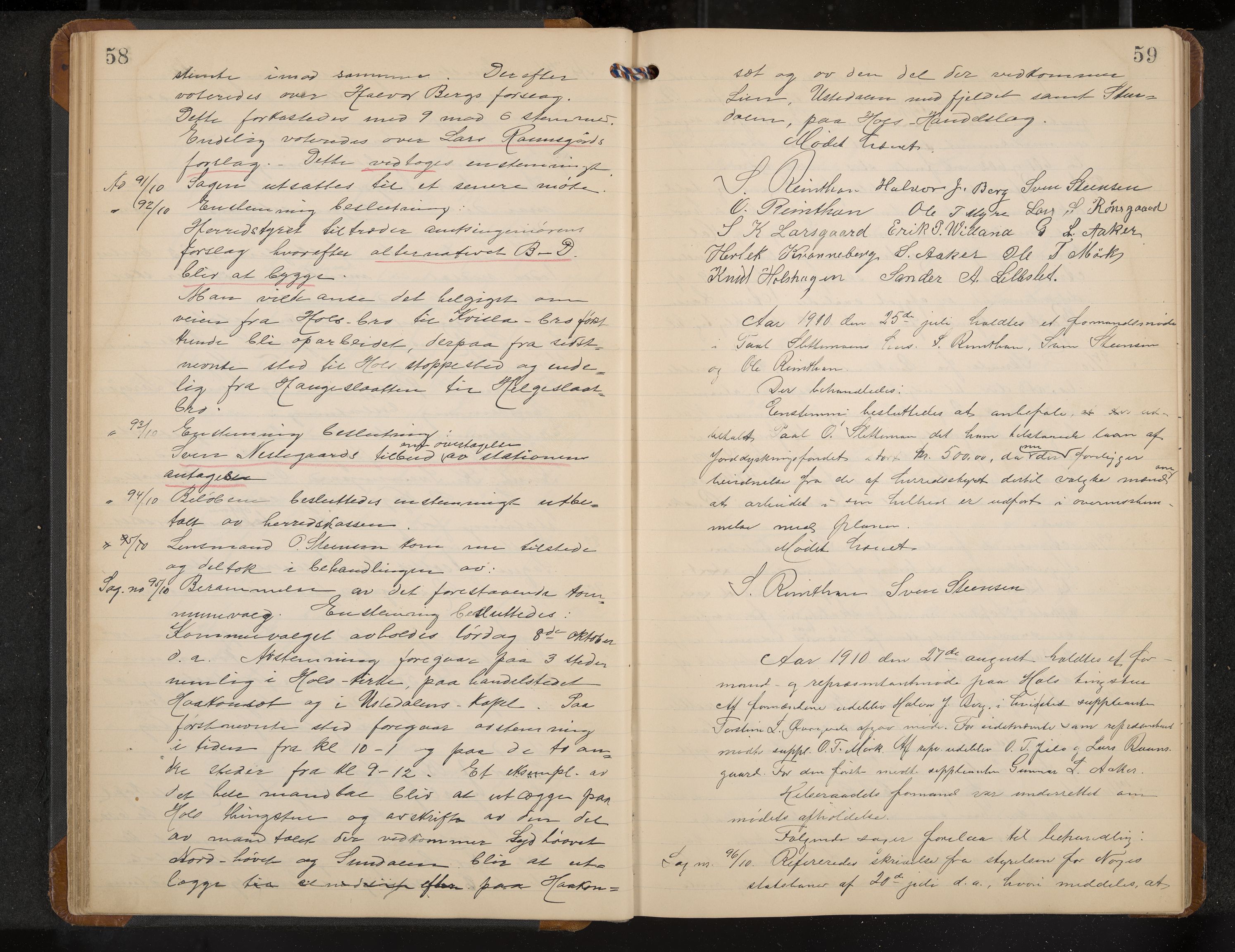 Hol formannskap og sentraladministrasjon, IKAK/0620021-1/A/L0005: Møtebok, 1909-1915, p. 58-59