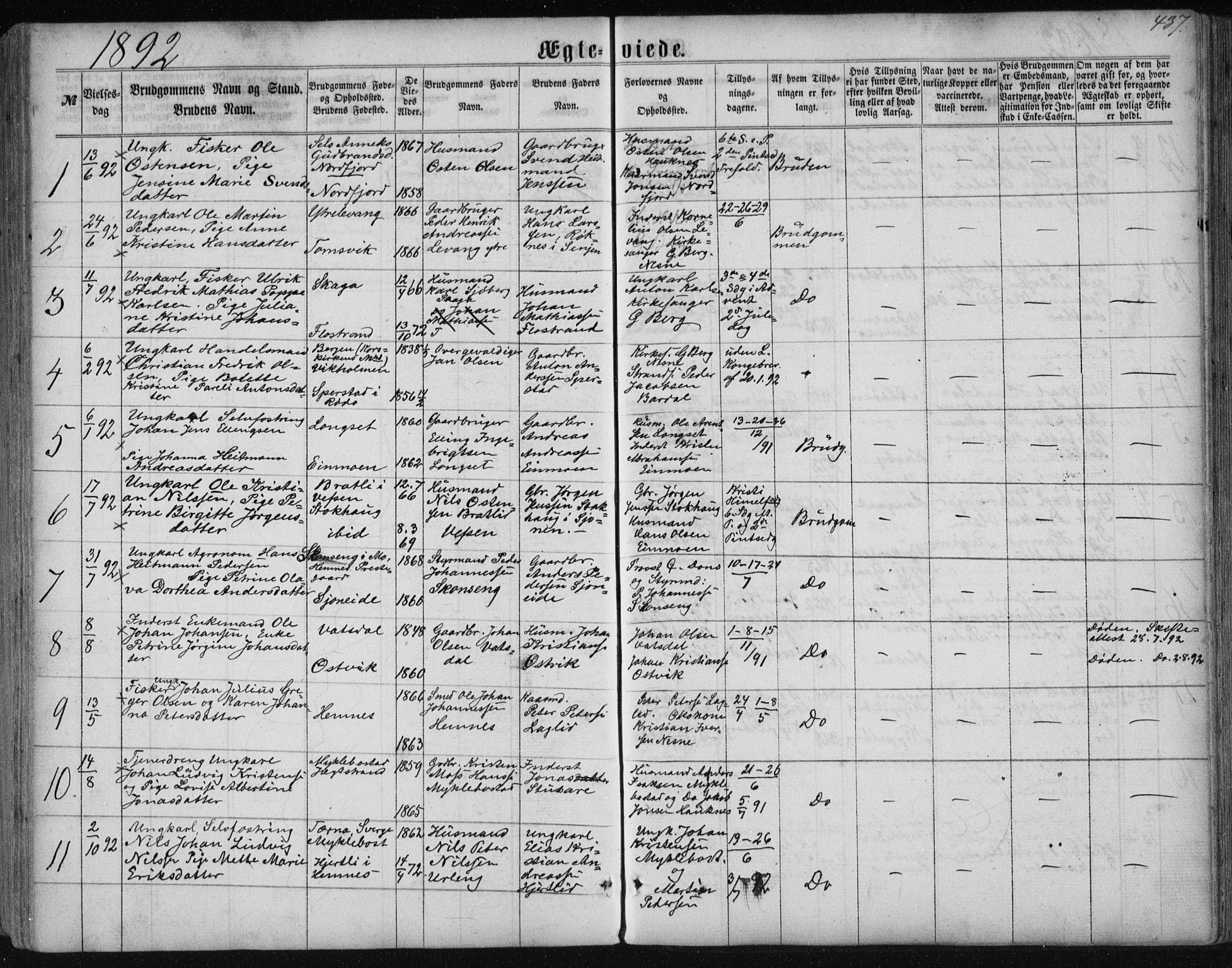 Ministerialprotokoller, klokkerbøker og fødselsregistre - Nordland, AV/SAT-A-1459/838/L0556: Parish register (copy) no. 838C03, 1861-1893, p. 437