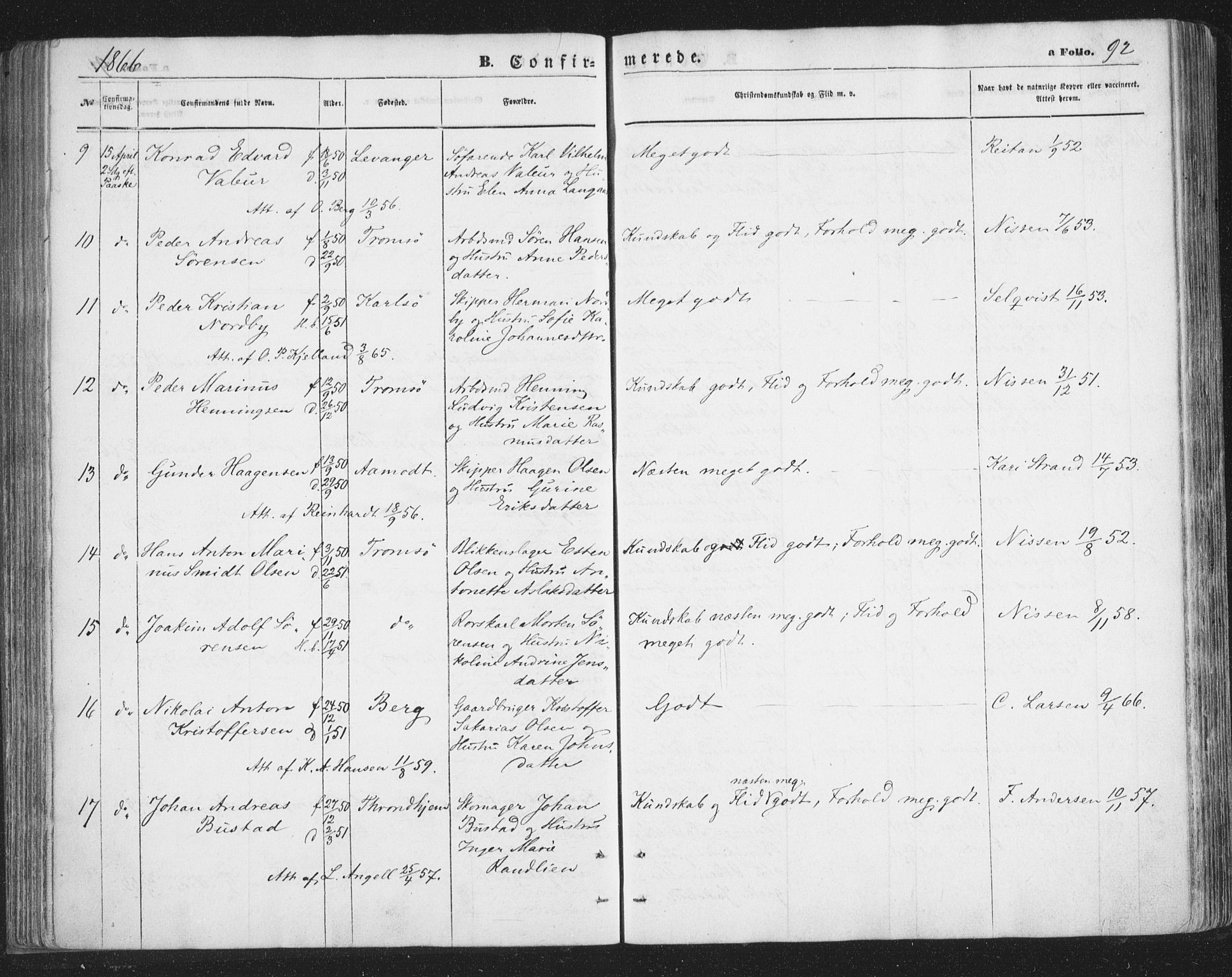 Tromsø sokneprestkontor/stiftsprosti/domprosti, SATØ/S-1343/G/Ga/L0012kirke: Parish register (official) no. 12, 1865-1871, p. 92