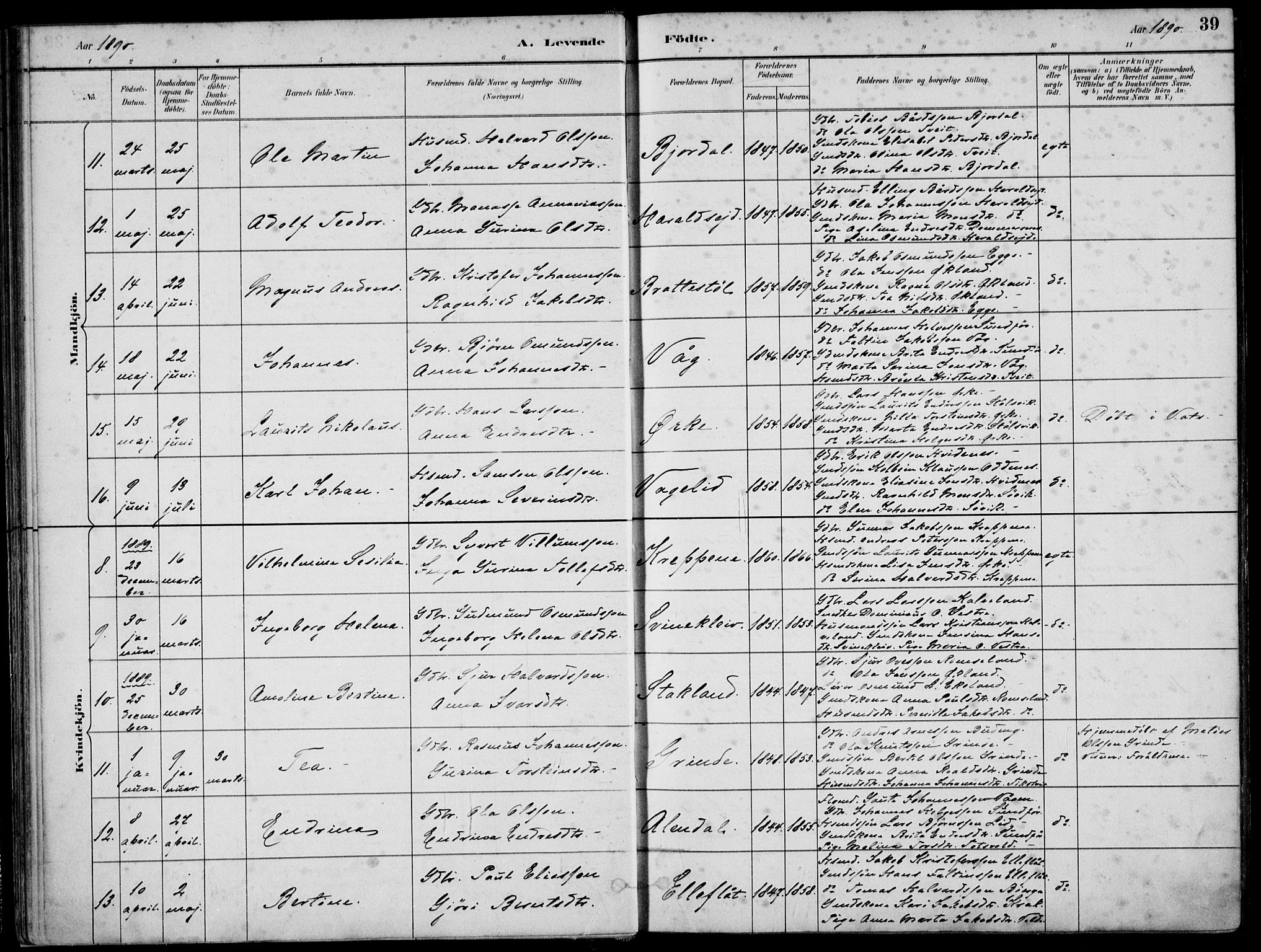 Skjold sokneprestkontor, AV/SAST-A-101847/H/Ha/Haa/L0010: Parish register (official) no. A 10, 1882-1897, p. 39