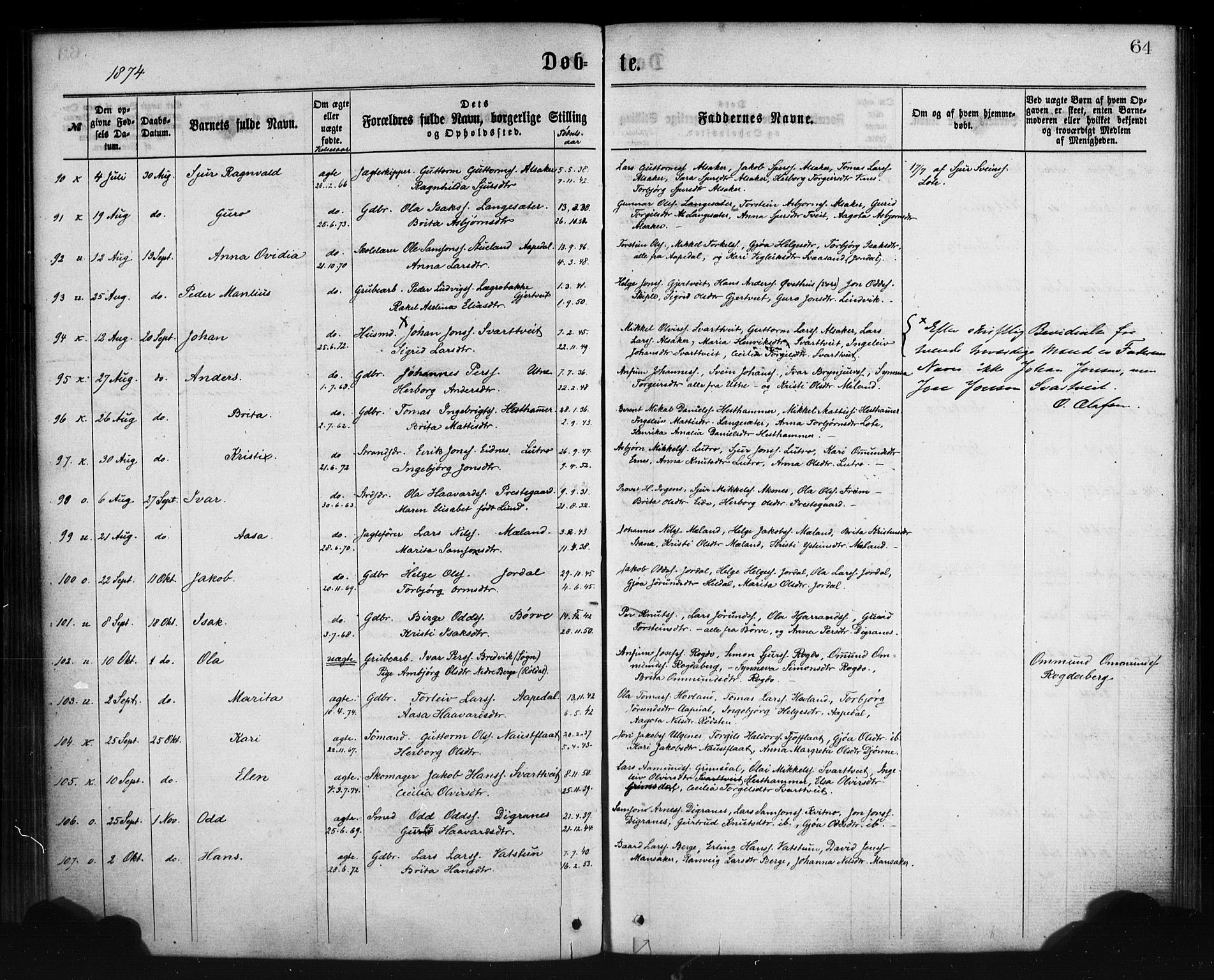 Ullensvang sokneprestembete, SAB/A-78701/H/Haa: Parish register (official) no. A 12, 1867-1881, p. 64