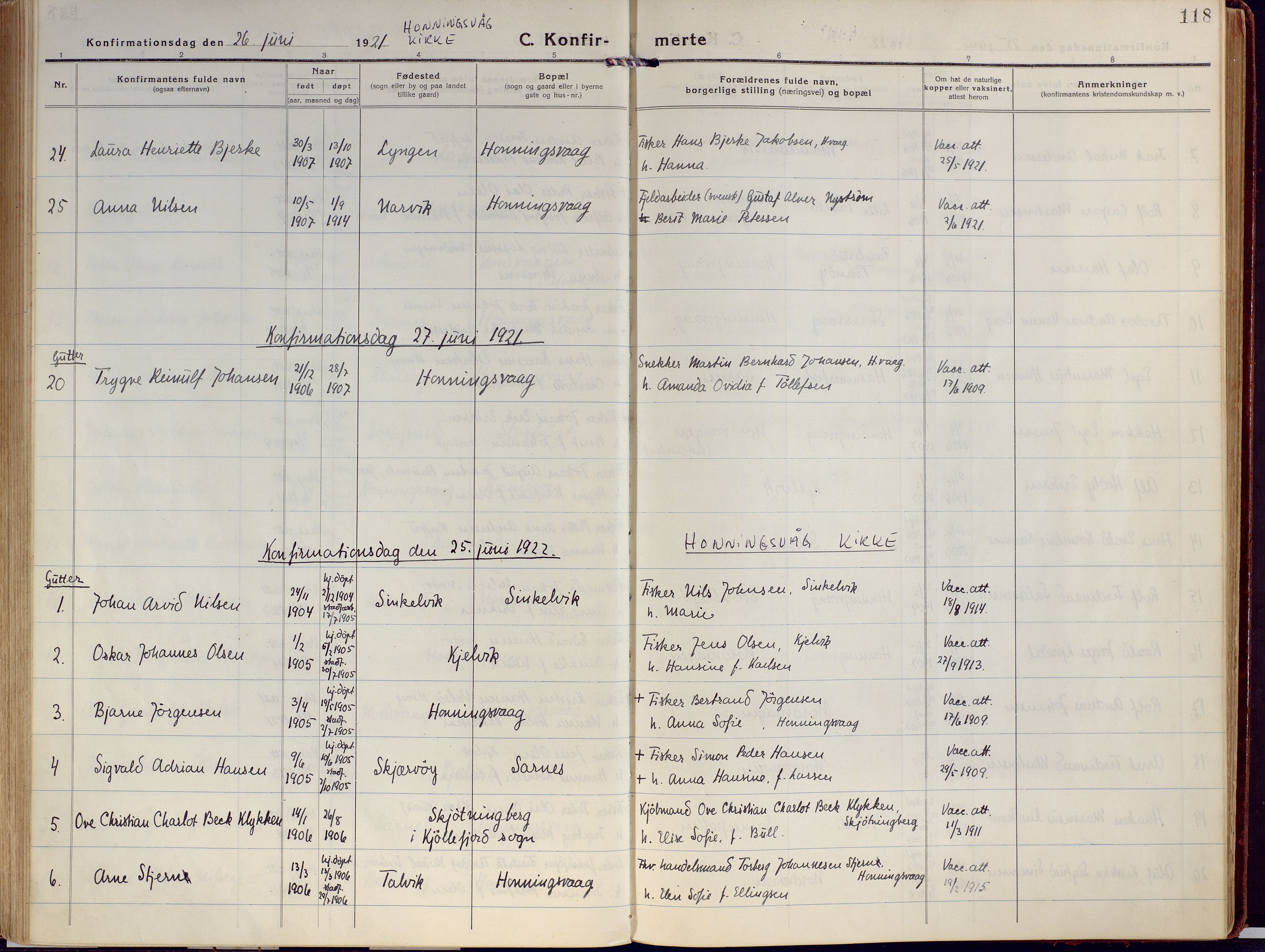 Kjelvik/Nordkapp sokneprestkontor, AV/SATØ-S-1350/H/Ha/L0002kirke: Parish register (official) no. 2, 1920-1929, p. 118