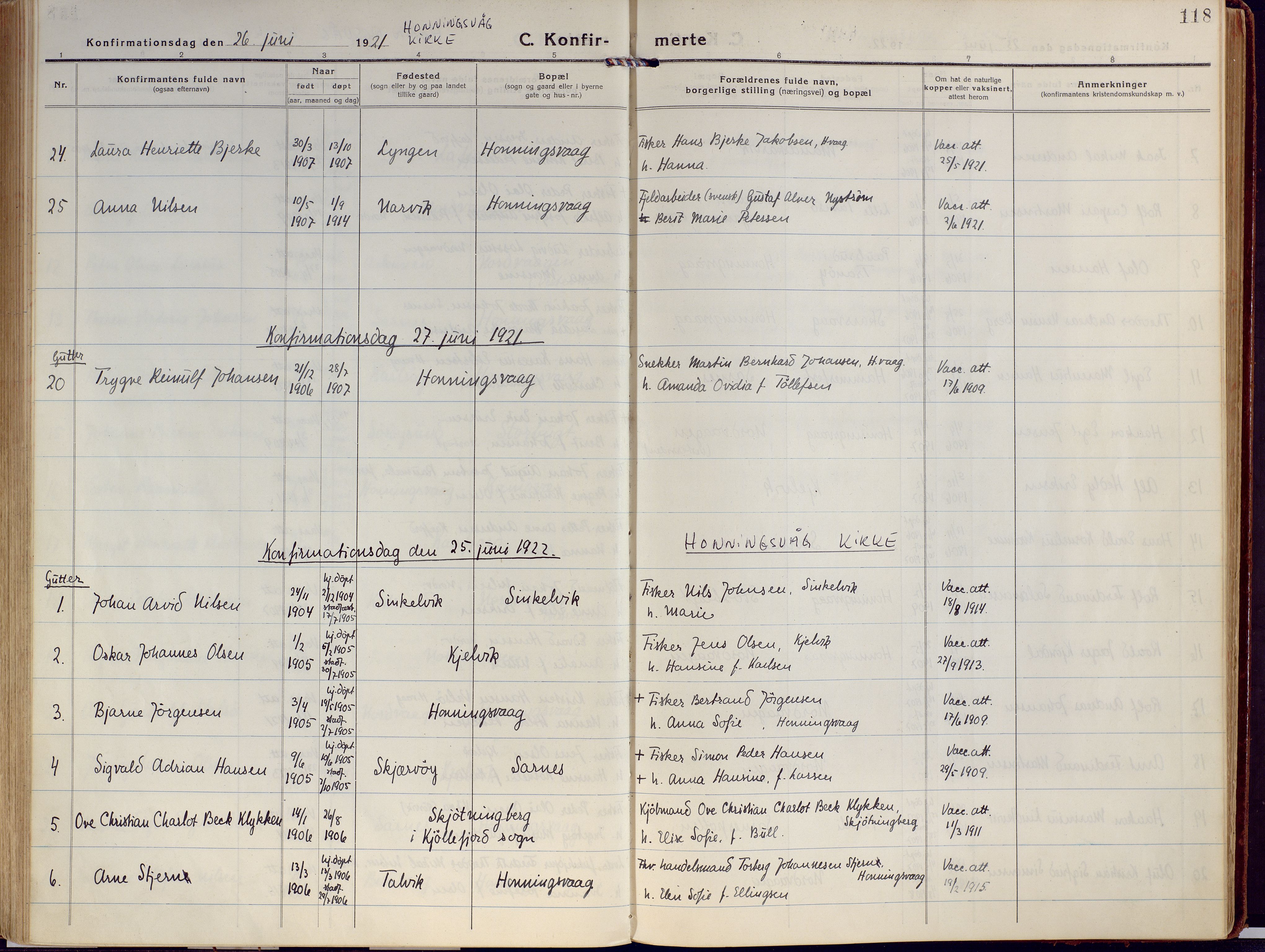 Kjelvik/Nordkapp sokneprestkontor, SATØ/S-1350/H/Ha/L0002kirke: Parish register (official) no. 2, 1920-1929, p. 118