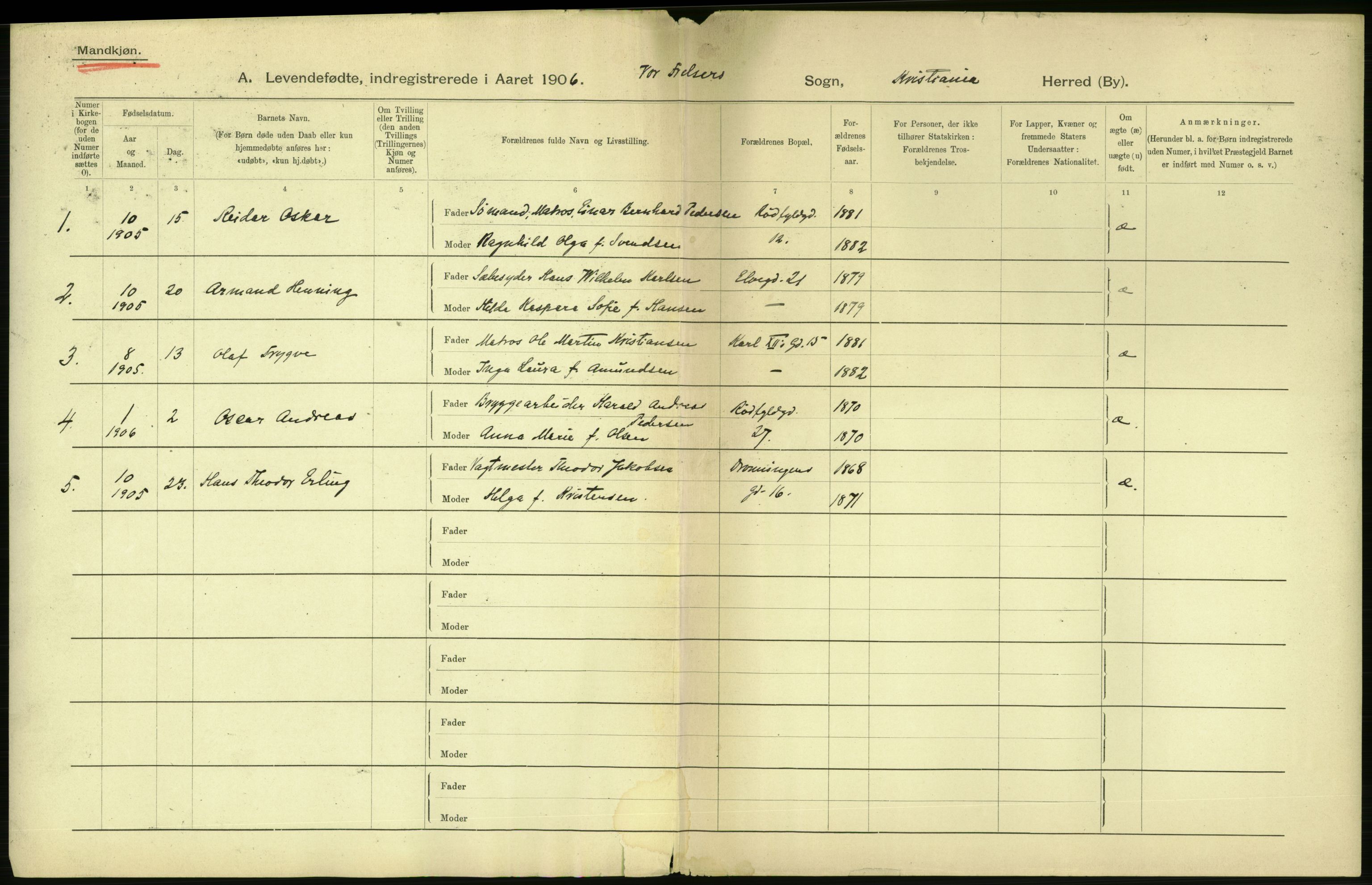 Statistisk sentralbyrå, Sosiodemografiske emner, Befolkning, AV/RA-S-2228/D/Df/Dfa/Dfad/L0007: Kristiania: Levendefødte menn og kvinner., 1906, p. 2