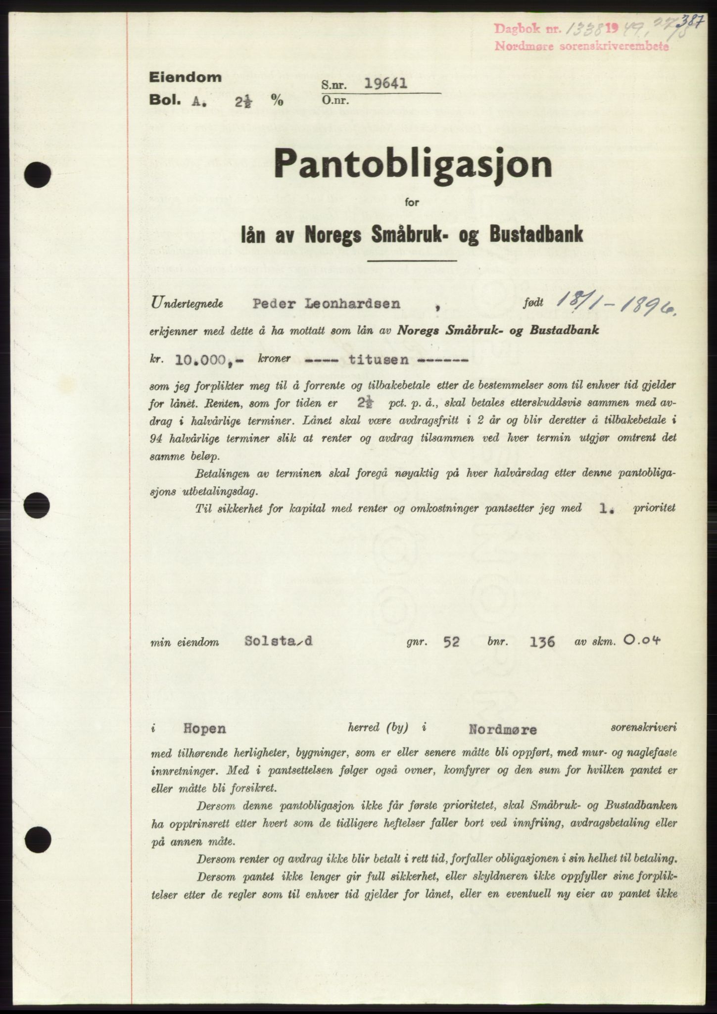 Nordmøre sorenskriveri, AV/SAT-A-4132/1/2/2Ca: Mortgage book no. B101, 1949-1949, Diary no: : 1338/1949