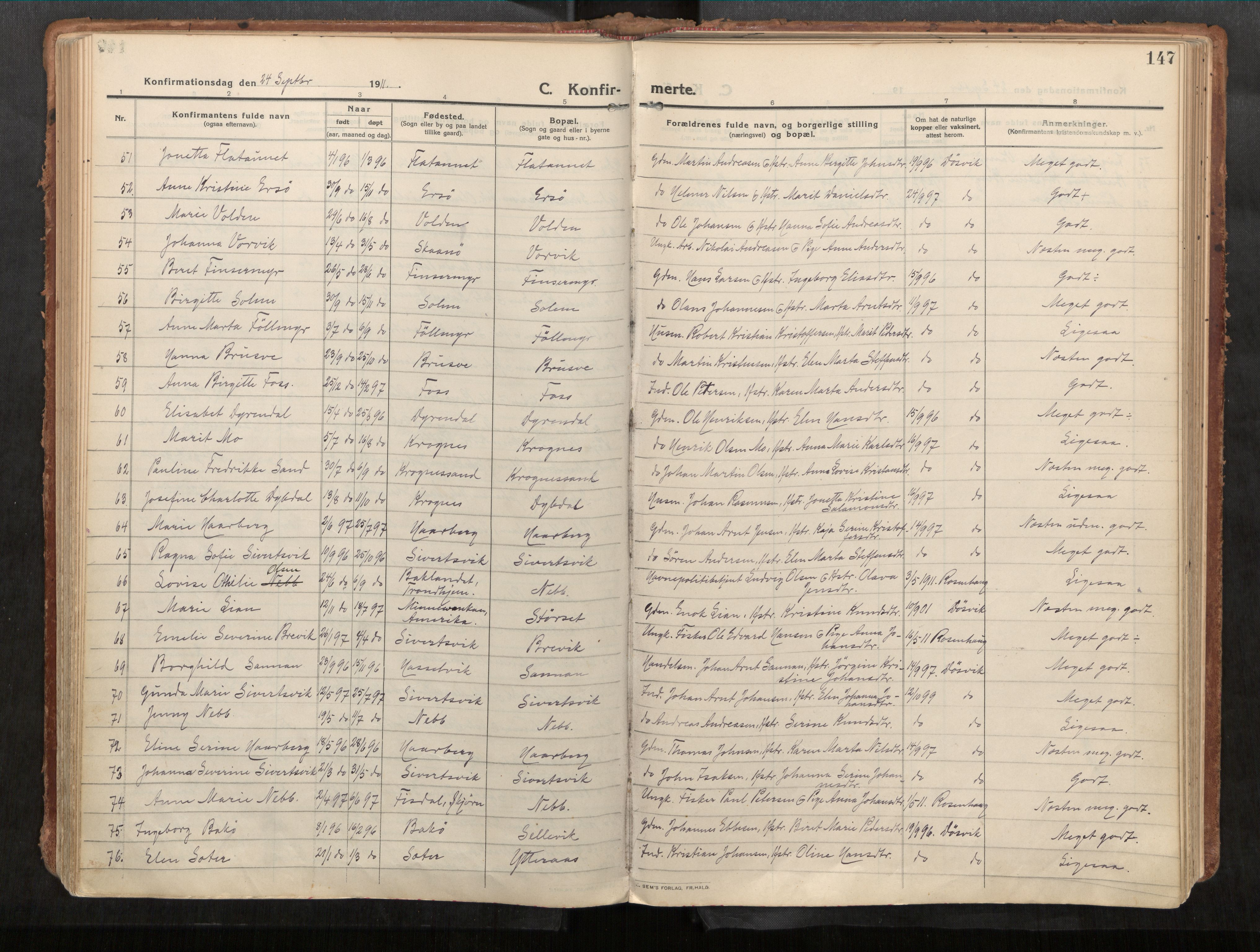 Stadsbygd sokneprestkontor, AV/SAT-A-1117/1/I/I1/I1a/L0001: Parish register (official) no. 1, 1911-1929, p. 147