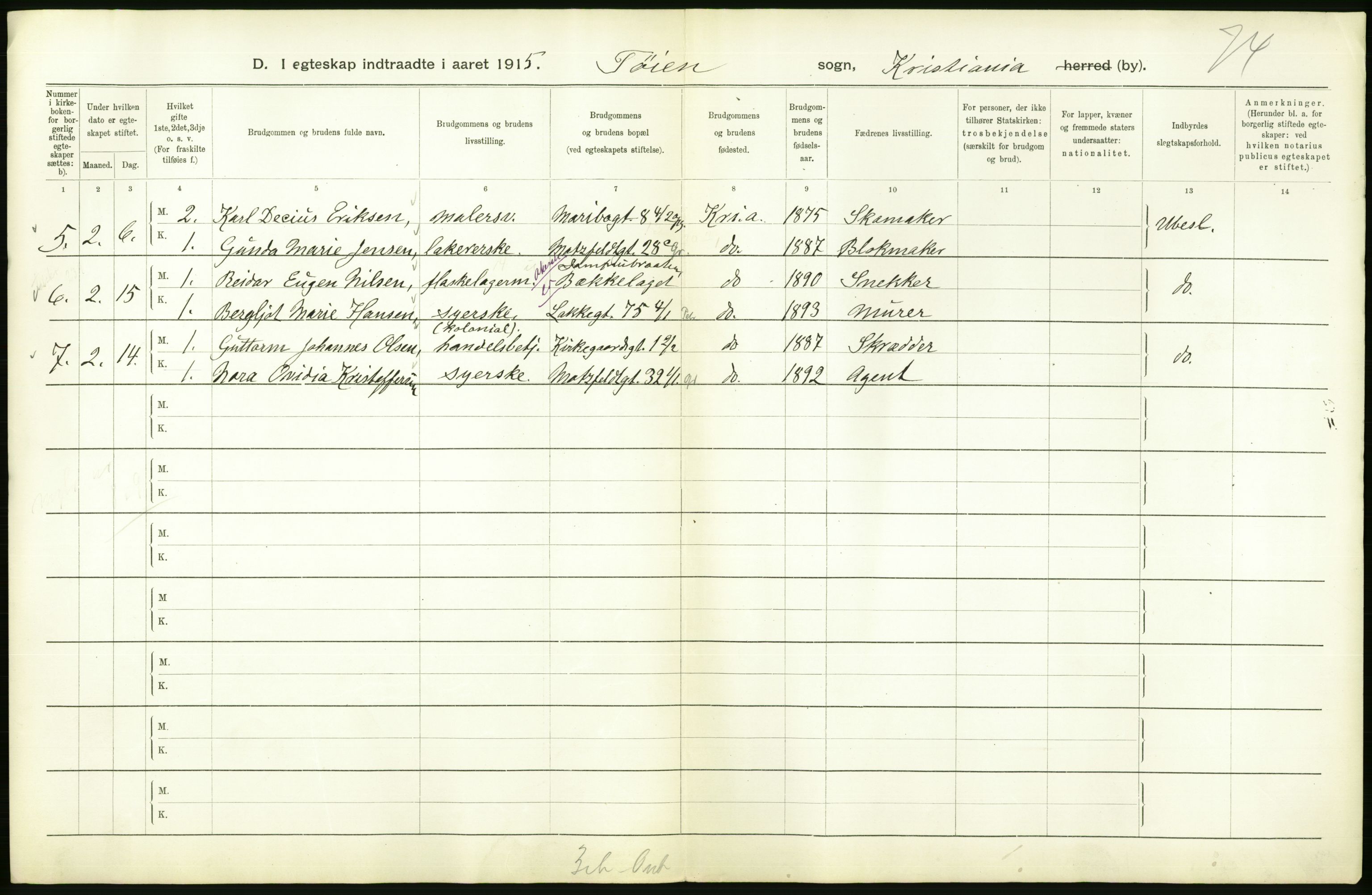 Statistisk sentralbyrå, Sosiodemografiske emner, Befolkning, RA/S-2228/D/Df/Dfb/Dfbe/L0008: Kristiania: Gifte., 1915, p. 706