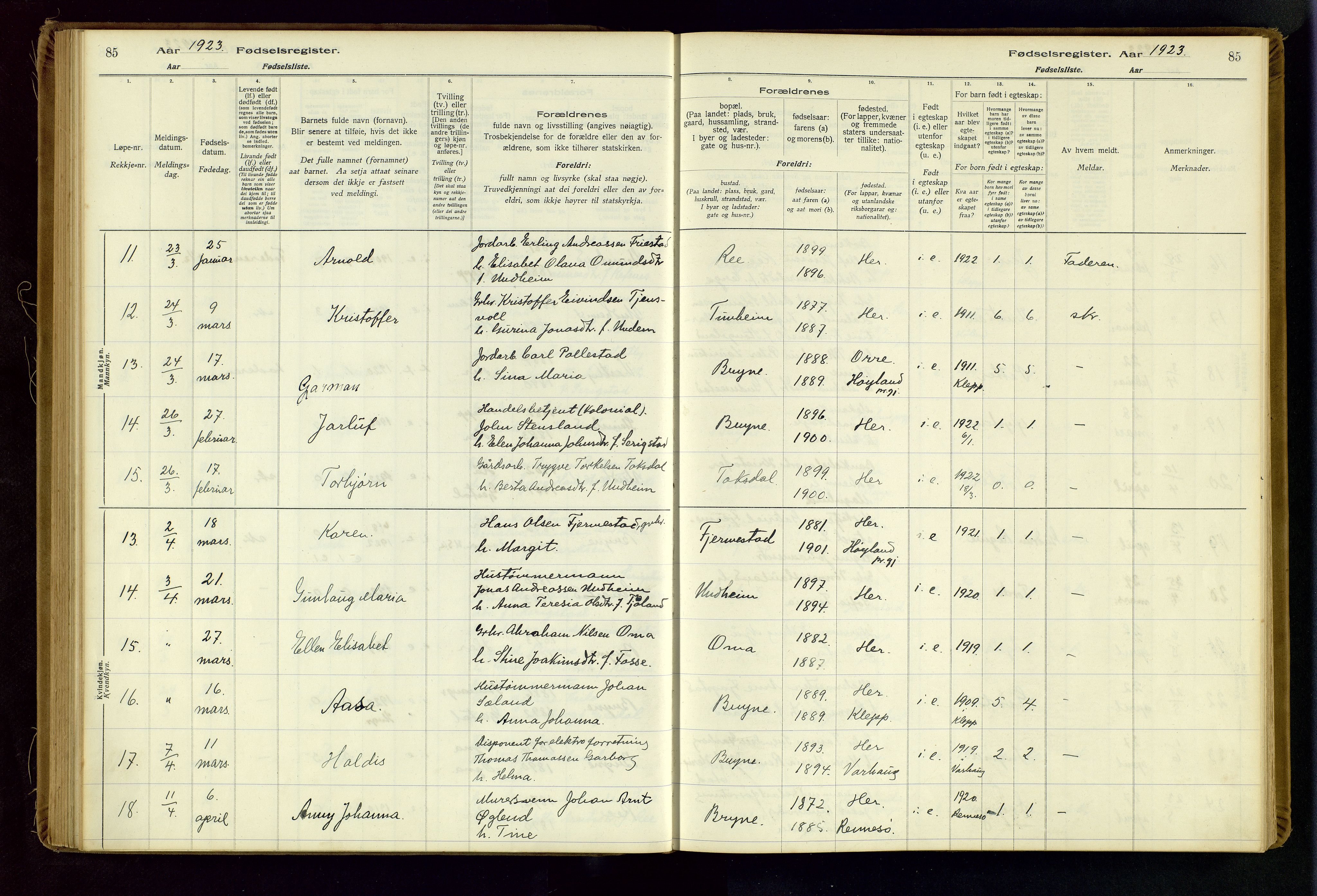 Time sokneprestkontor, AV/SAST-A-101795/001/704BA/L0001: Birth register no. 1, 1916-1934, p. 85