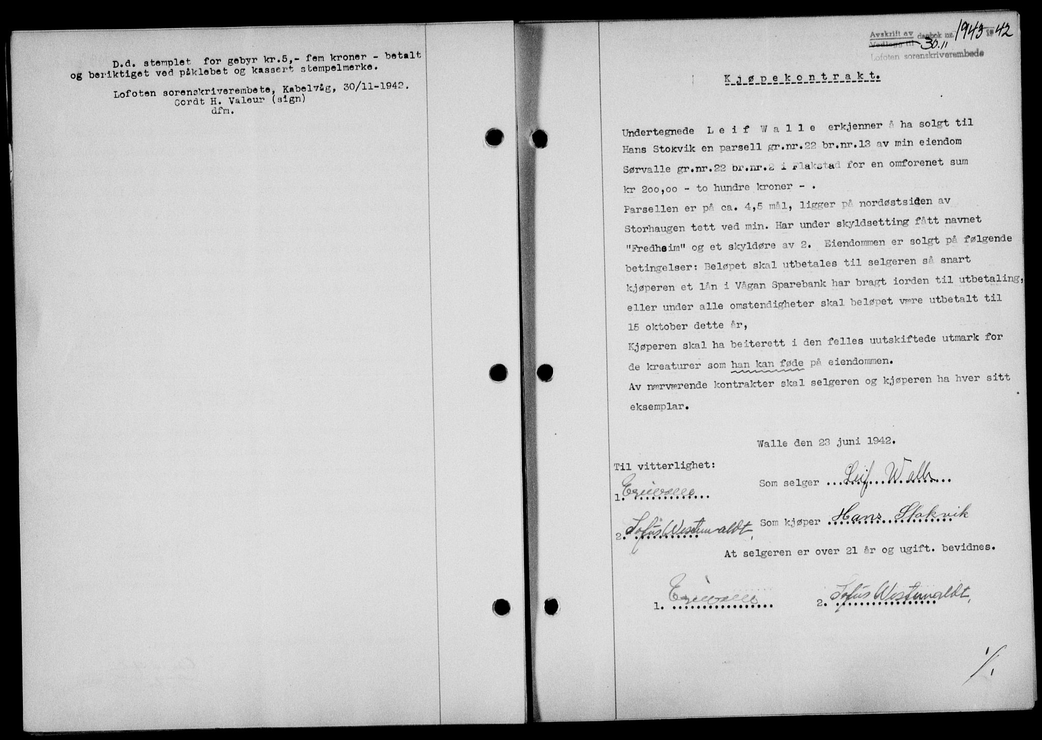 Lofoten sorenskriveri, SAT/A-0017/1/2/2C/L0010a: Mortgage book no. 10a, 1942-1943, Diary no: : 1943/1942