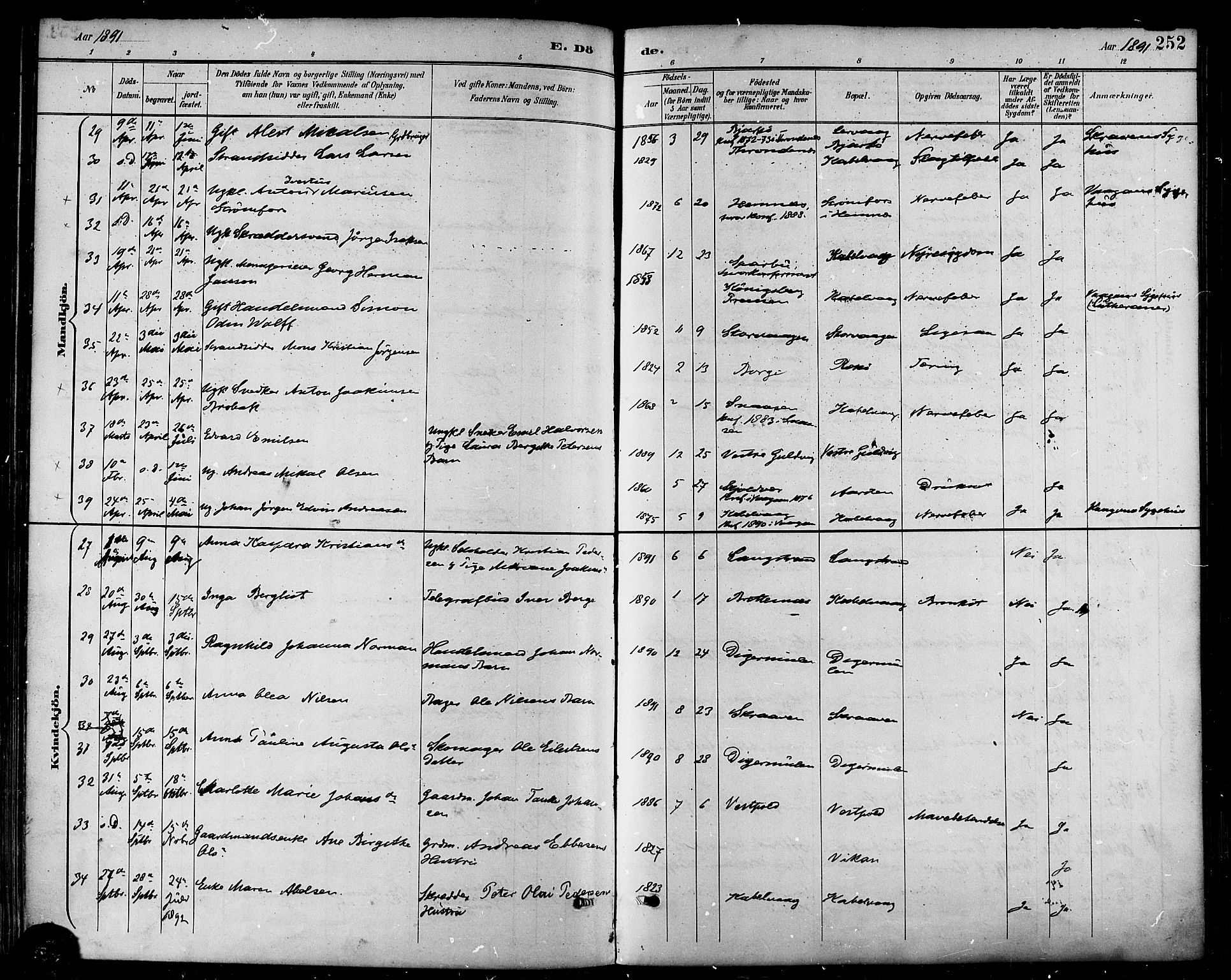 Ministerialprotokoller, klokkerbøker og fødselsregistre - Nordland, AV/SAT-A-1459/874/L1060: Parish register (official) no. 874A04, 1890-1899, p. 252