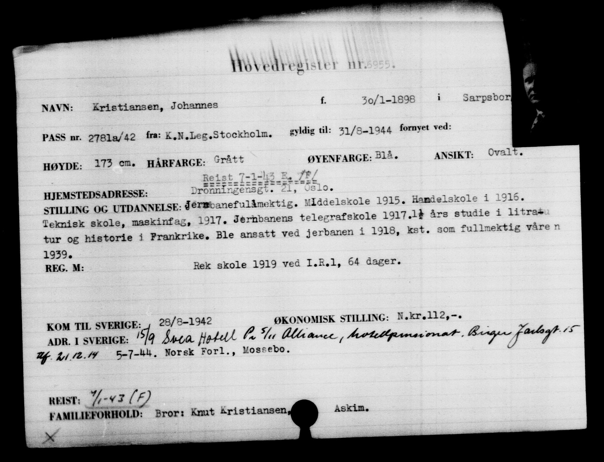 Utenriksstasjonene, Legasjonen i Stockholm, Flyktningkontoret, AV/RA-S-6753/V/Va/L0005: Kjesäterkartoteket, flyktninger med registreringsnr. 6600-9417, 1940-1945, p. 432