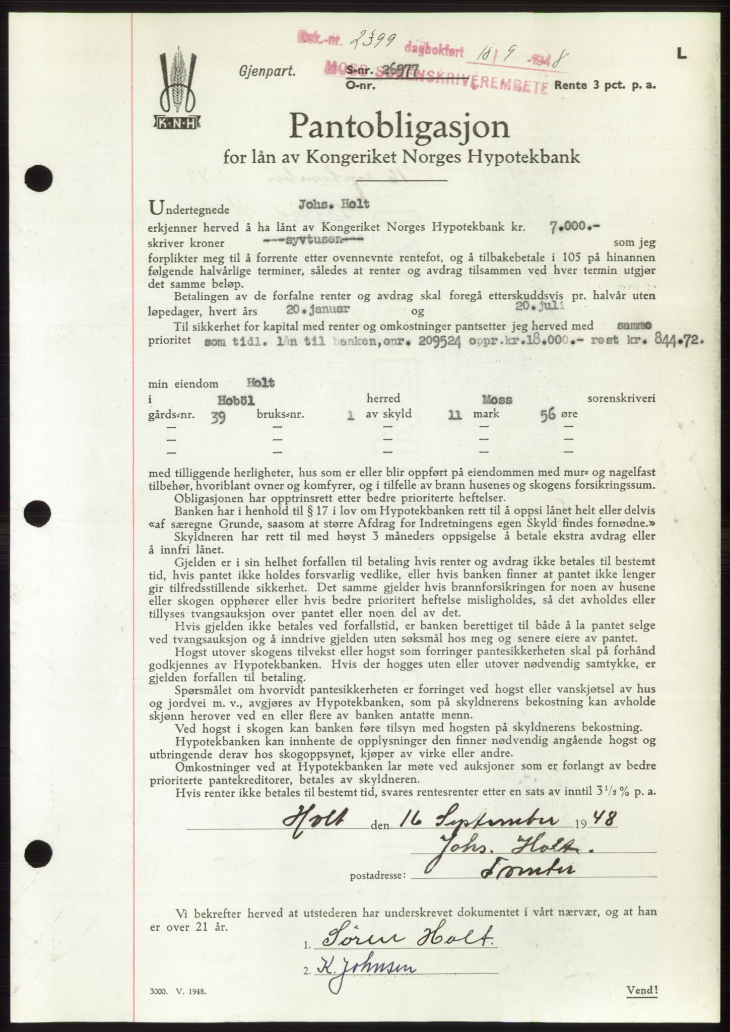 Moss sorenskriveri, AV/SAO-A-10168: Mortgage book no. B20, 1948-1948, Diary no: : 2399/1948