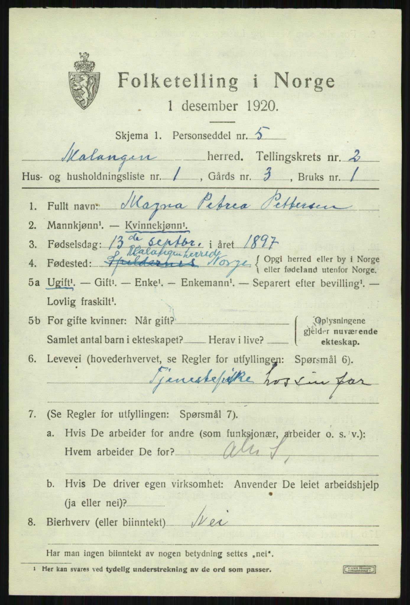 SATØ, 1920 census for Malangen, 1920, p. 821