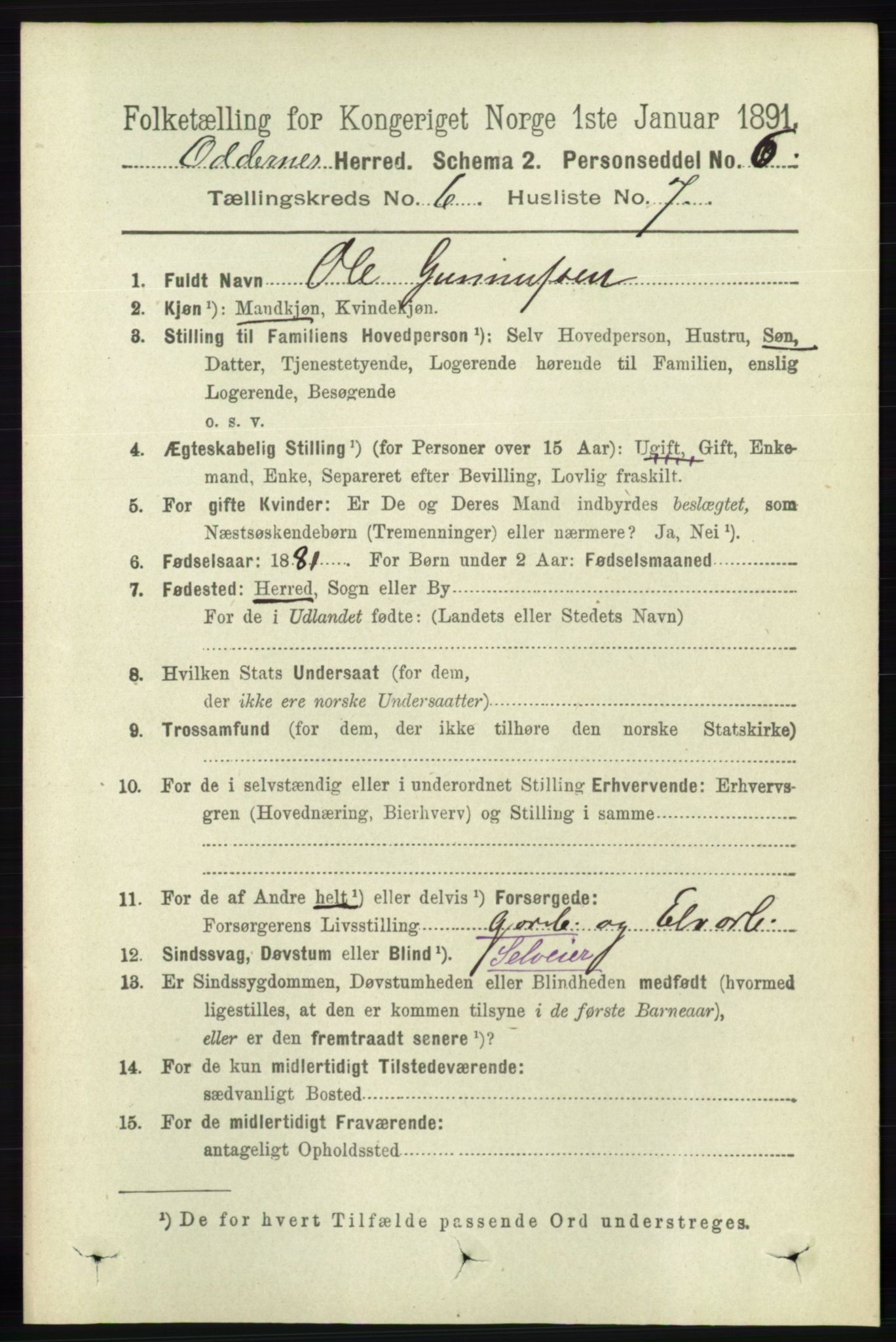 RA, 1891 census for 1012 Oddernes, 1891, p. 2231