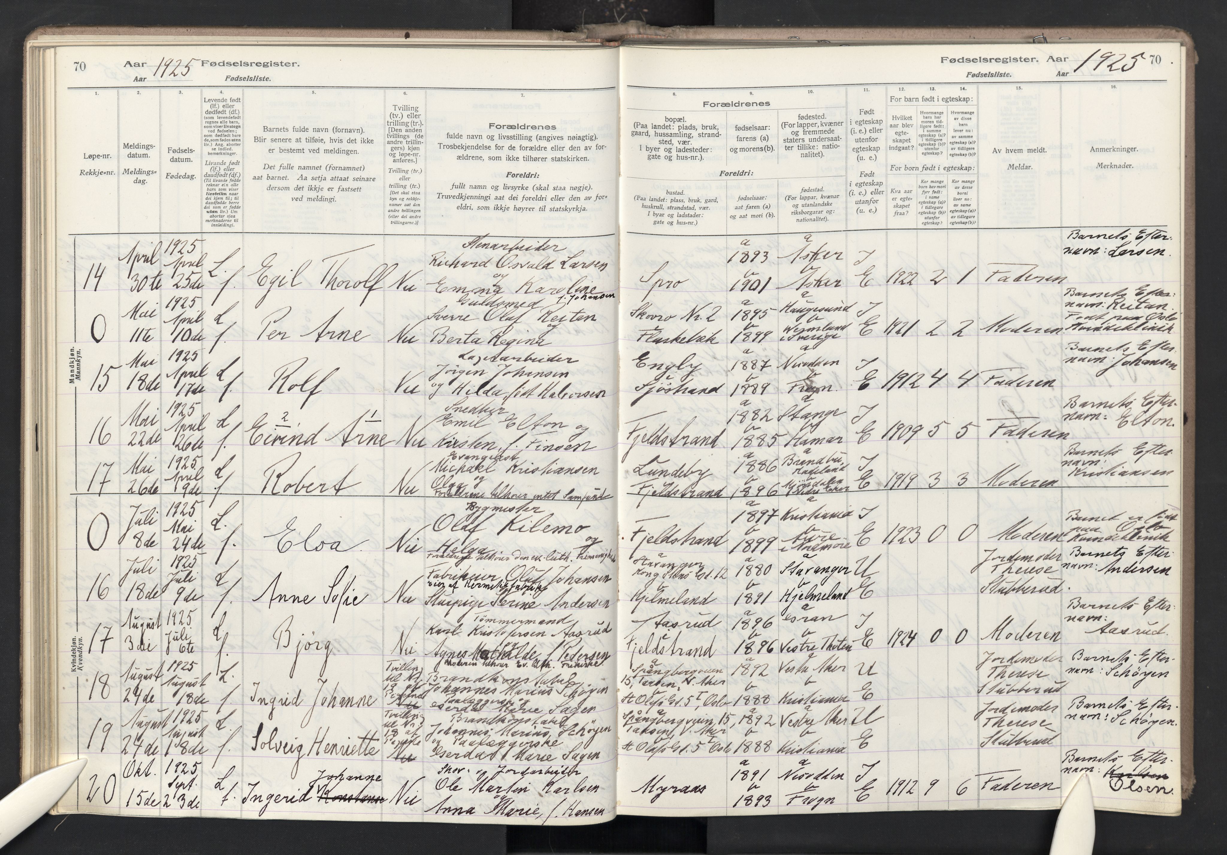 Nesodden prestekontor Kirkebøker, AV/SAO-A-10013/J/Ja/L0001: Birth register no. I 1, 1916-1946, p. 70