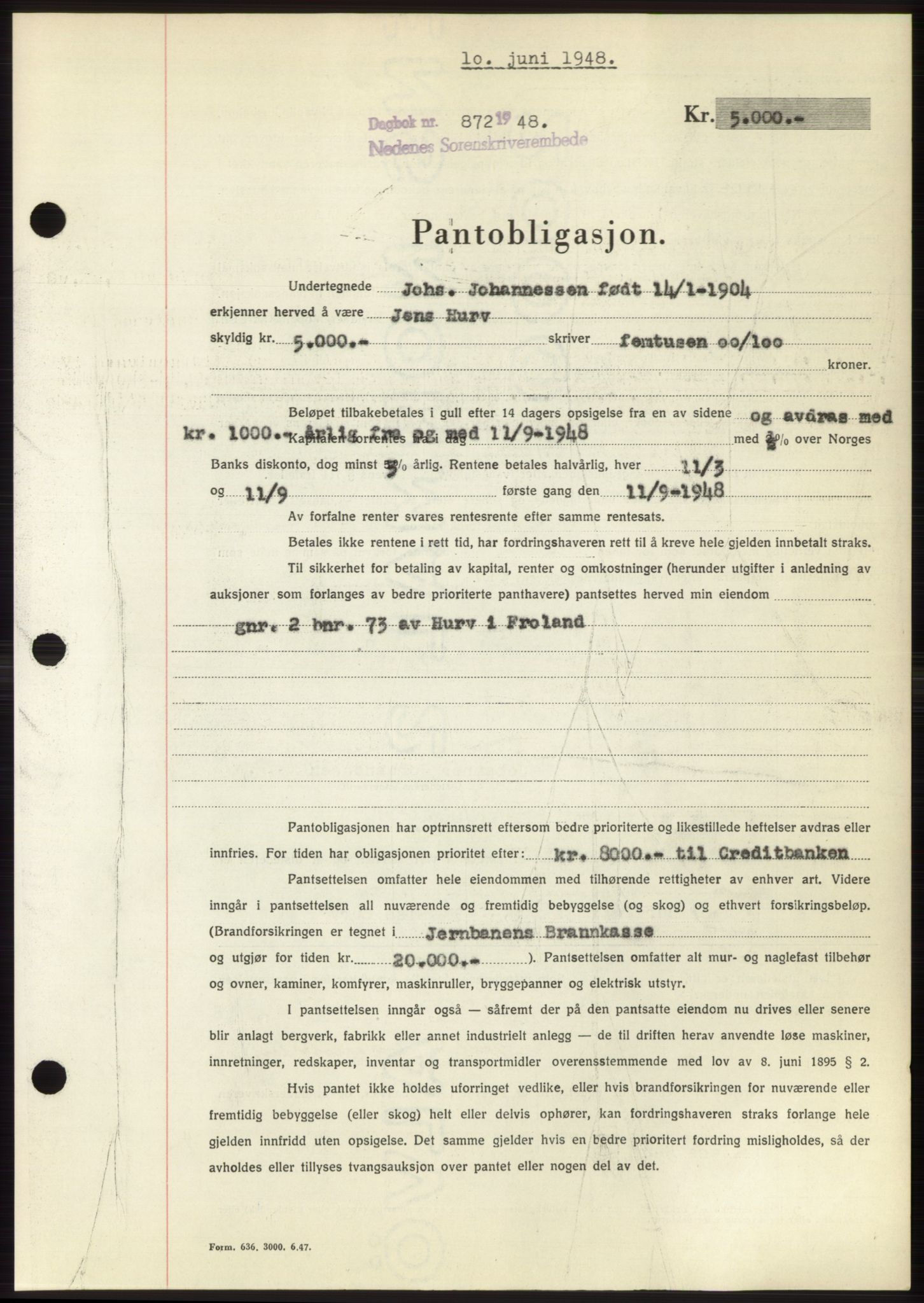 Nedenes sorenskriveri, AV/SAK-1221-0006/G/Gb/Gbb/L0005: Mortgage book no. B5, 1948-1948, Diary no: : 872/1948