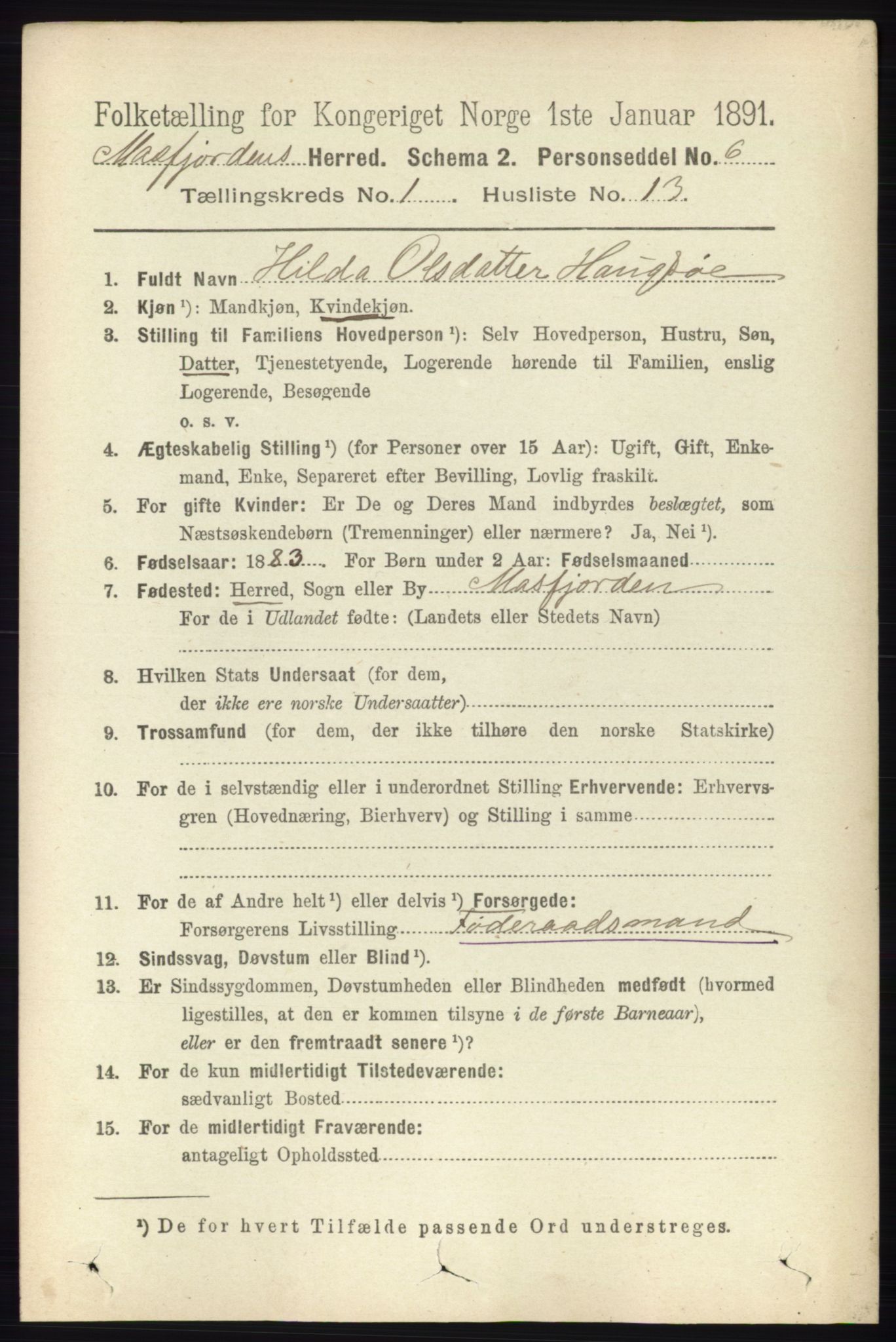 RA, 1891 census for 1266 Masfjorden, 1891, p. 132