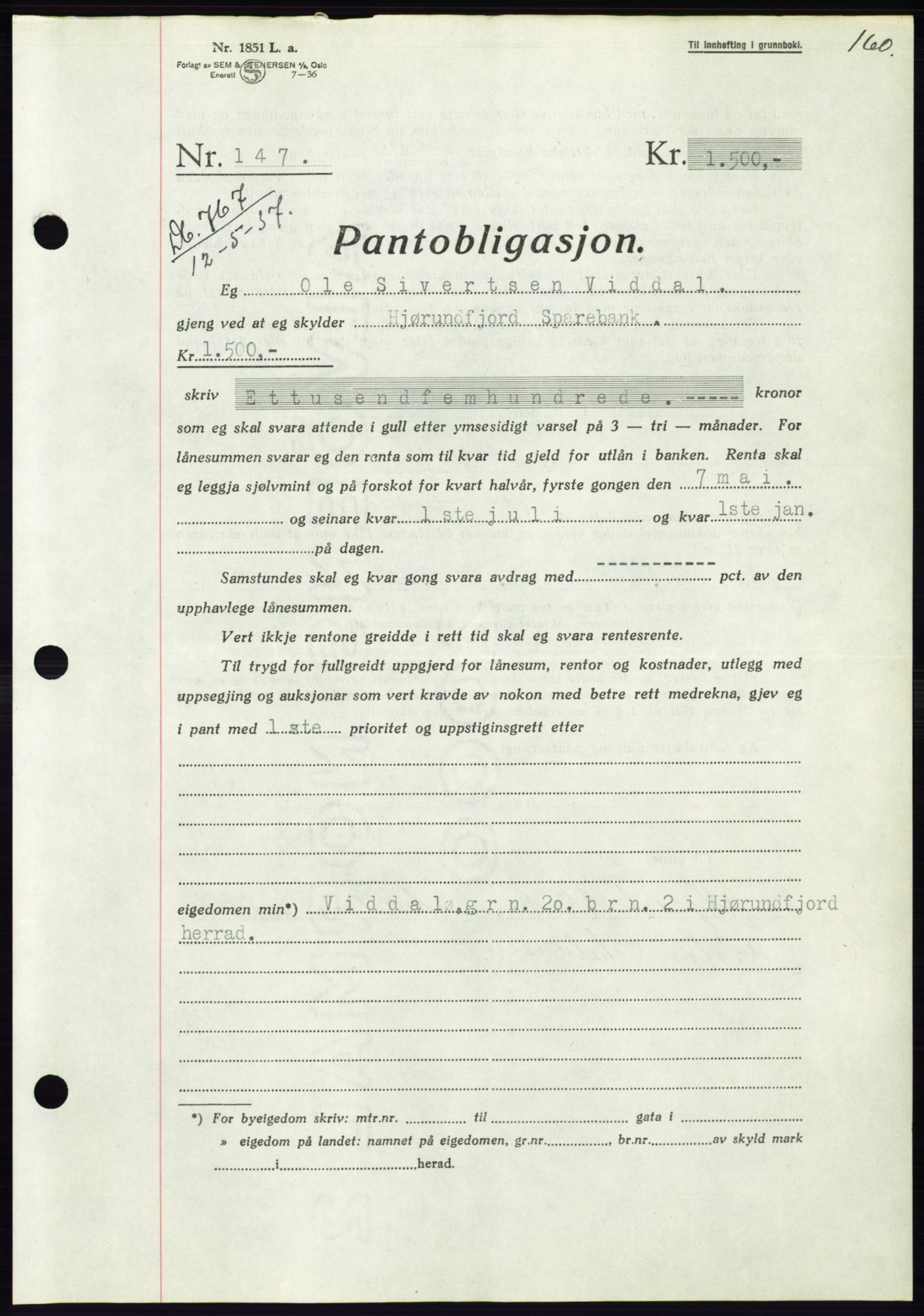 Søre Sunnmøre sorenskriveri, AV/SAT-A-4122/1/2/2C/L0063: Mortgage book no. 57, 1937-1937, Diary no: : 767/1937