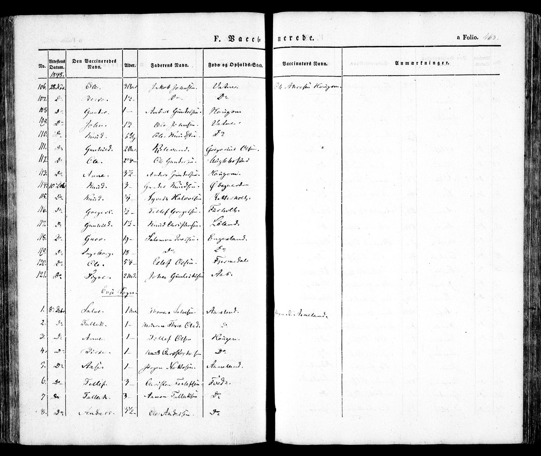 Evje sokneprestkontor, AV/SAK-1111-0008/F/Fa/Faa/L0005: Parish register (official) no. A 5, 1843-1865, p. 463