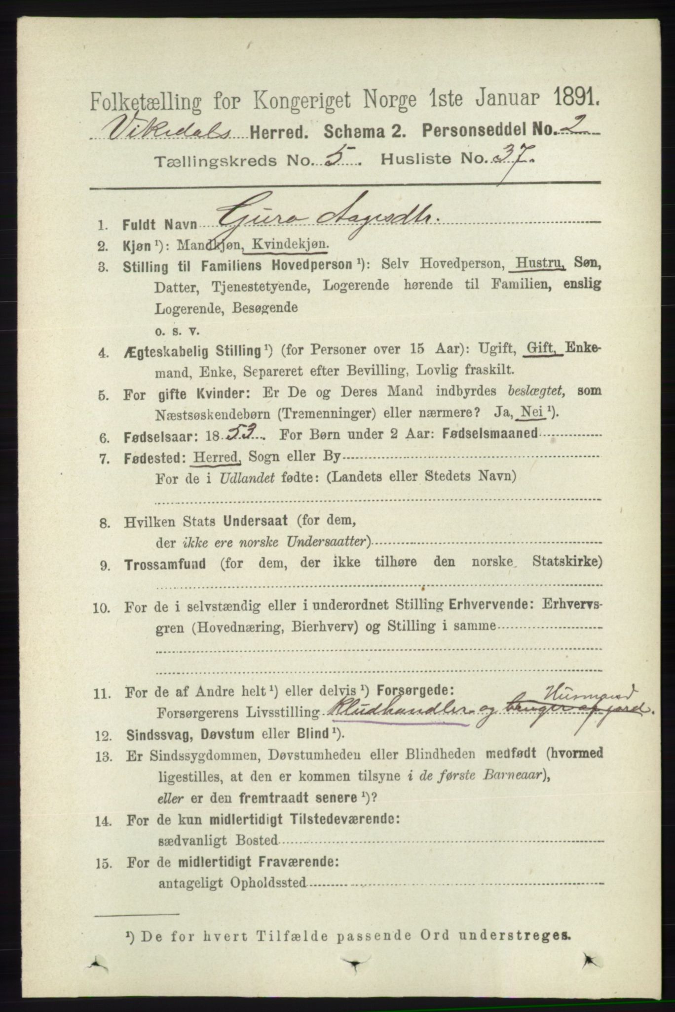 RA, 1891 census for 1157 Vikedal, 1891, p. 1353