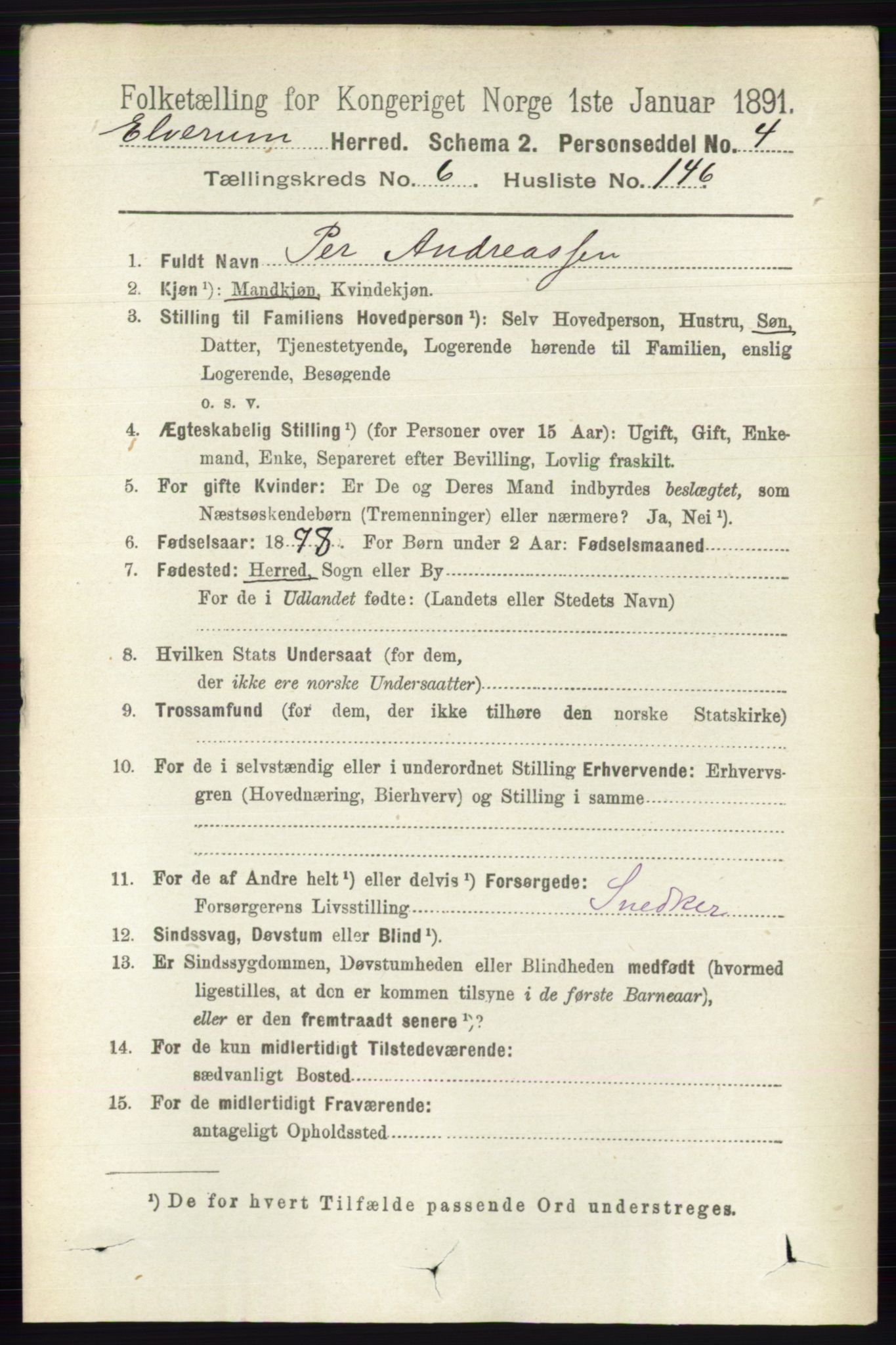 RA, 1891 census for 0427 Elverum, 1891, p. 5208