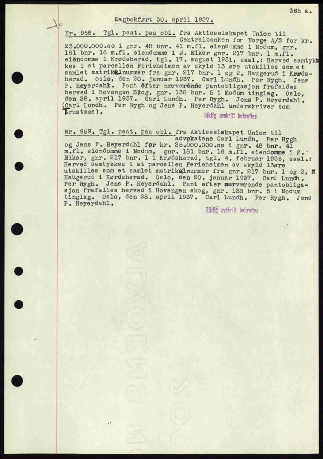 Eiker, Modum og Sigdal sorenskriveri, SAKO/A-123/G/Ga/Gab/L0035: Mortgage book no. A5, 1937-1937, Diary no: : 958/1937