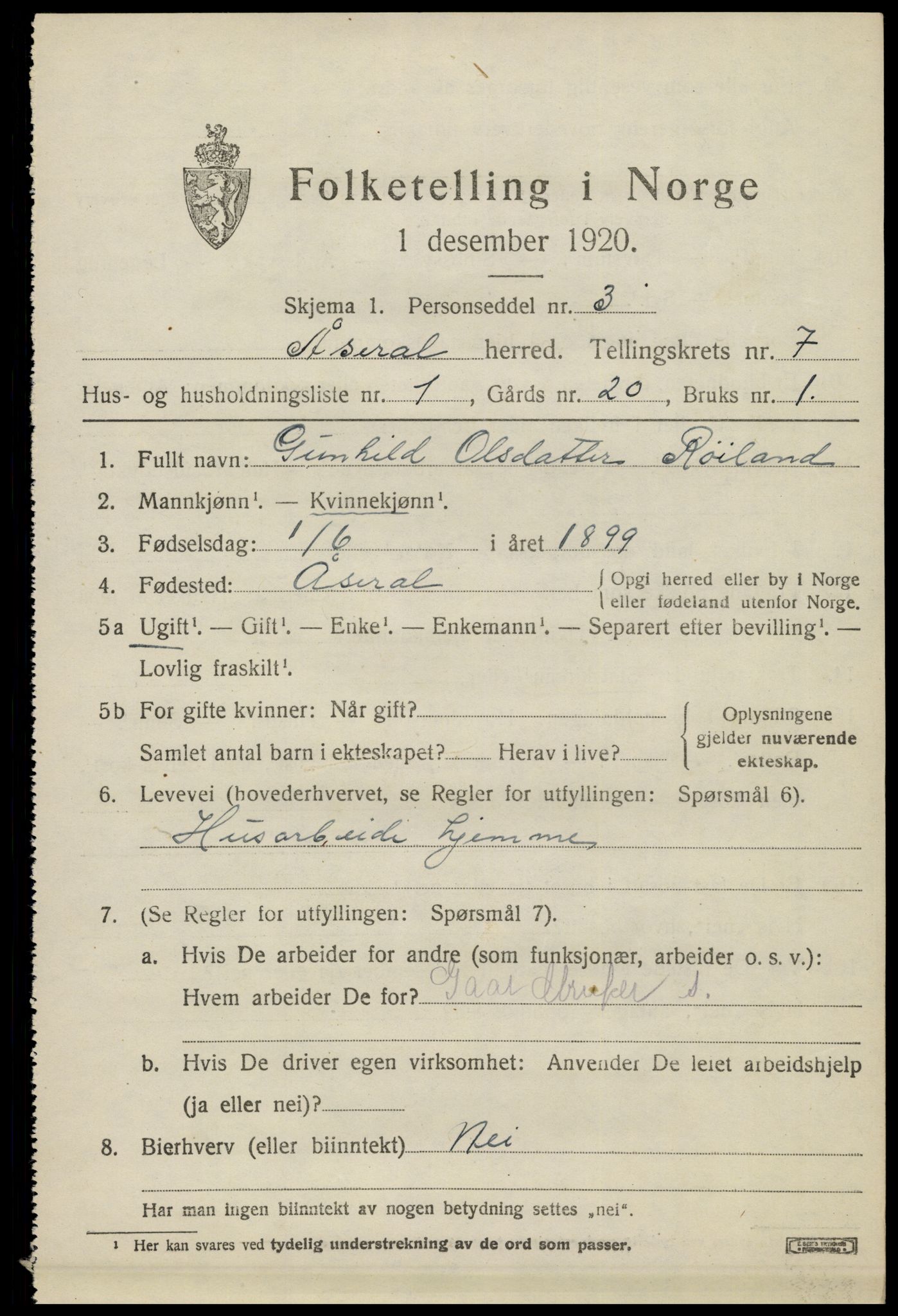 SAK, 1920 census for Åseral, 1920, p. 2050
