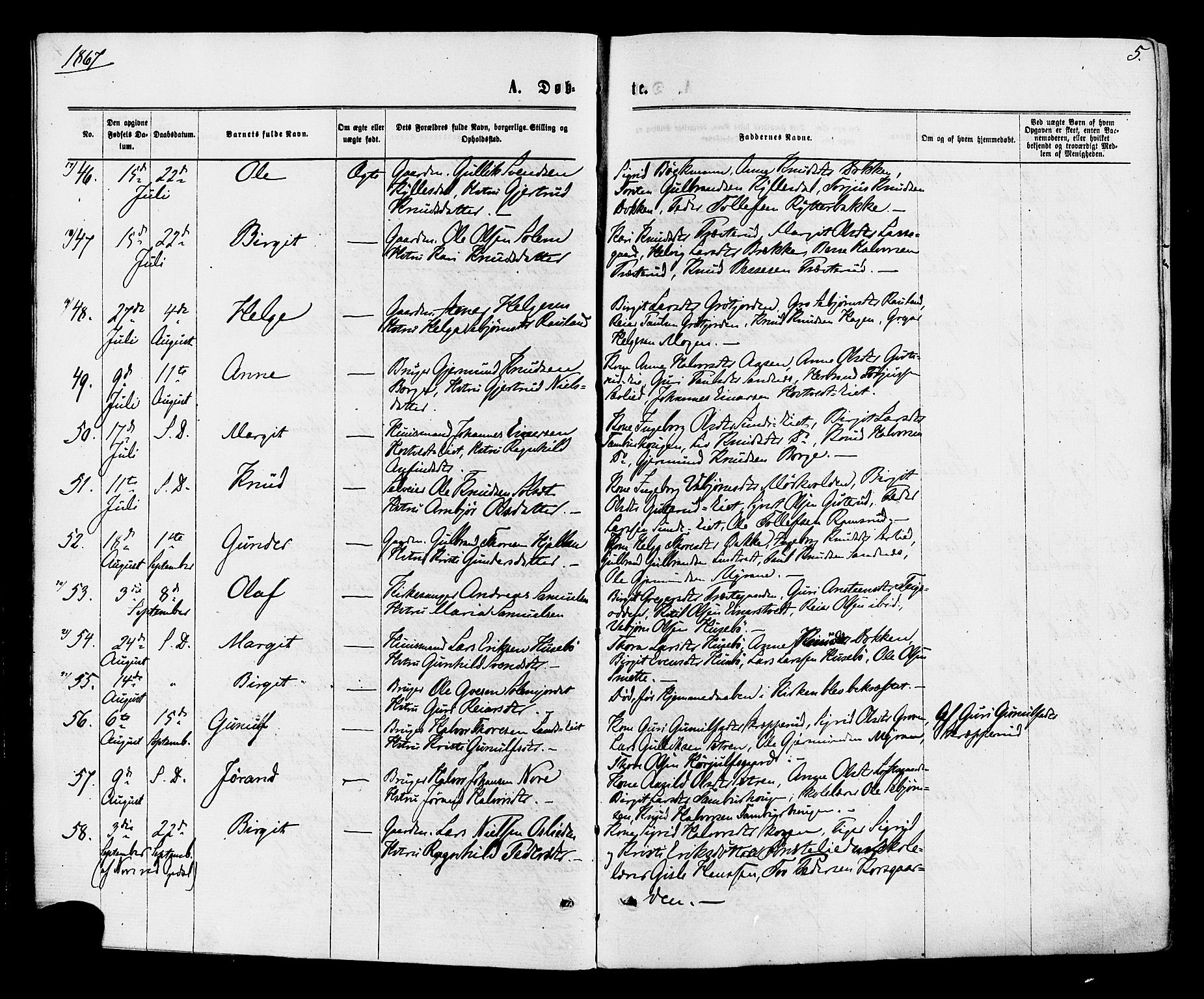 Nore kirkebøker, AV/SAKO-A-238/F/Fa/L0004: Parish register (official) no. I 4, 1867-1877, p. 5