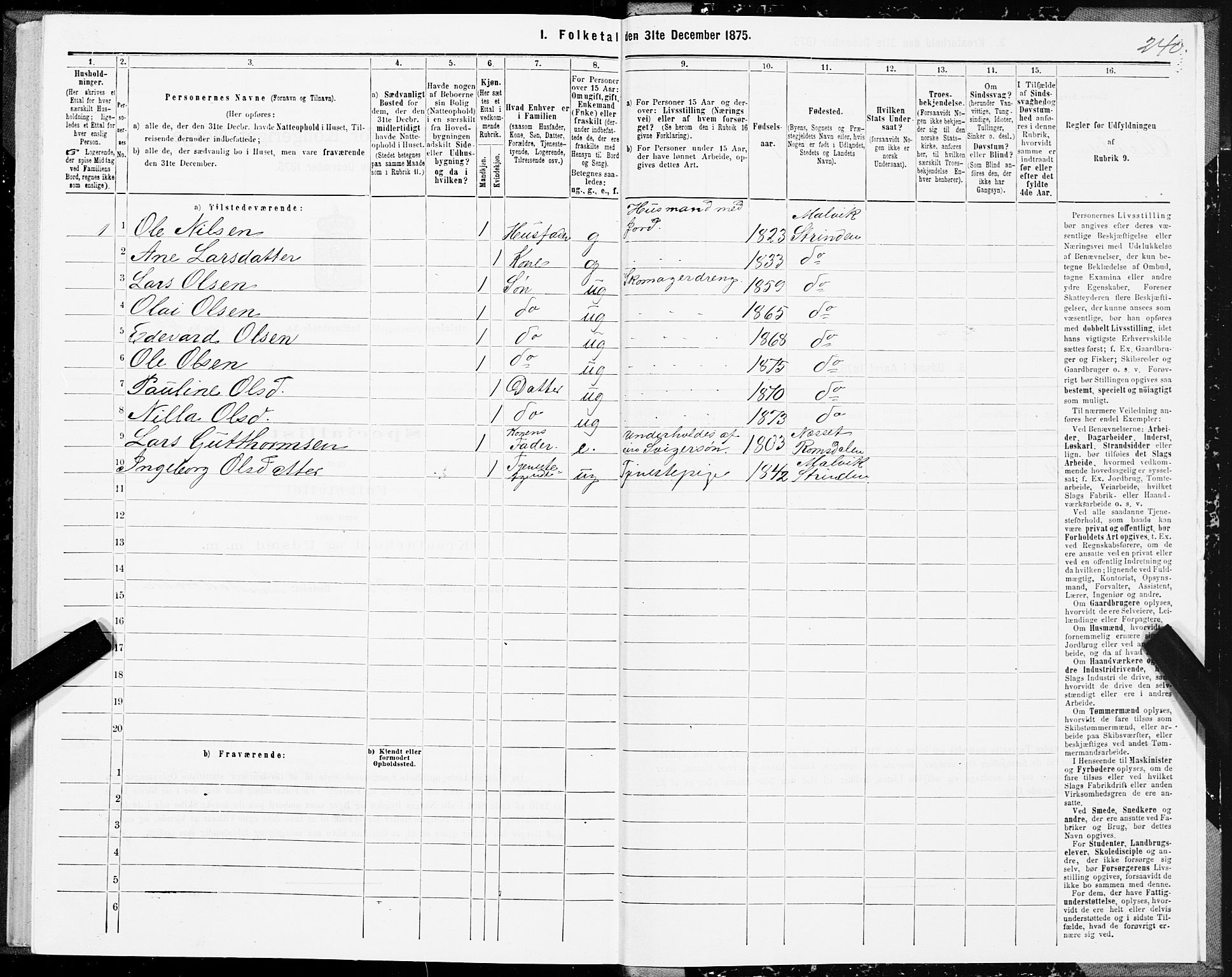 SAT, 1875 census for 1660P Strinda, 1875, p. 7240