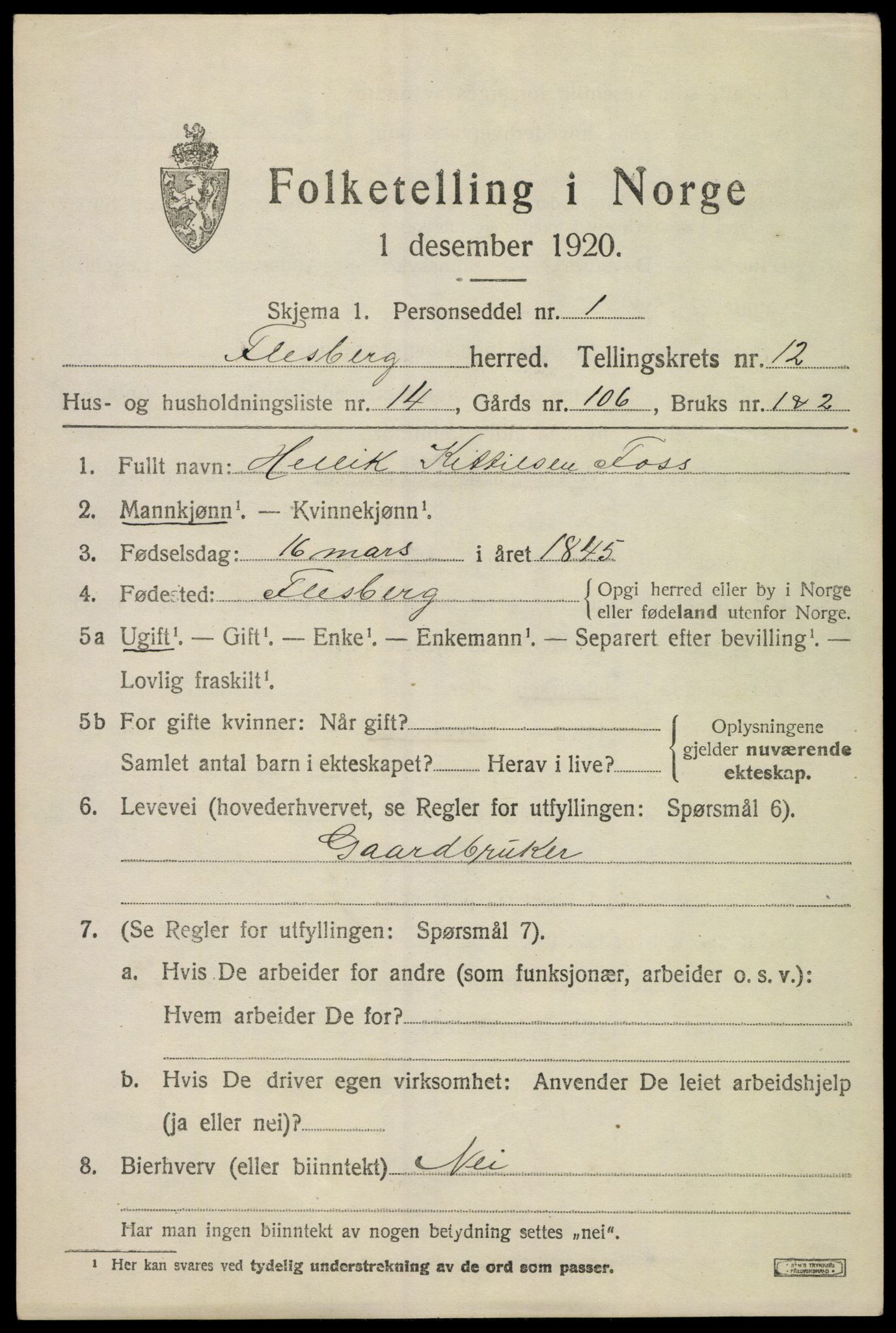 SAKO, 1920 census for Flesberg, 1920, p. 3975