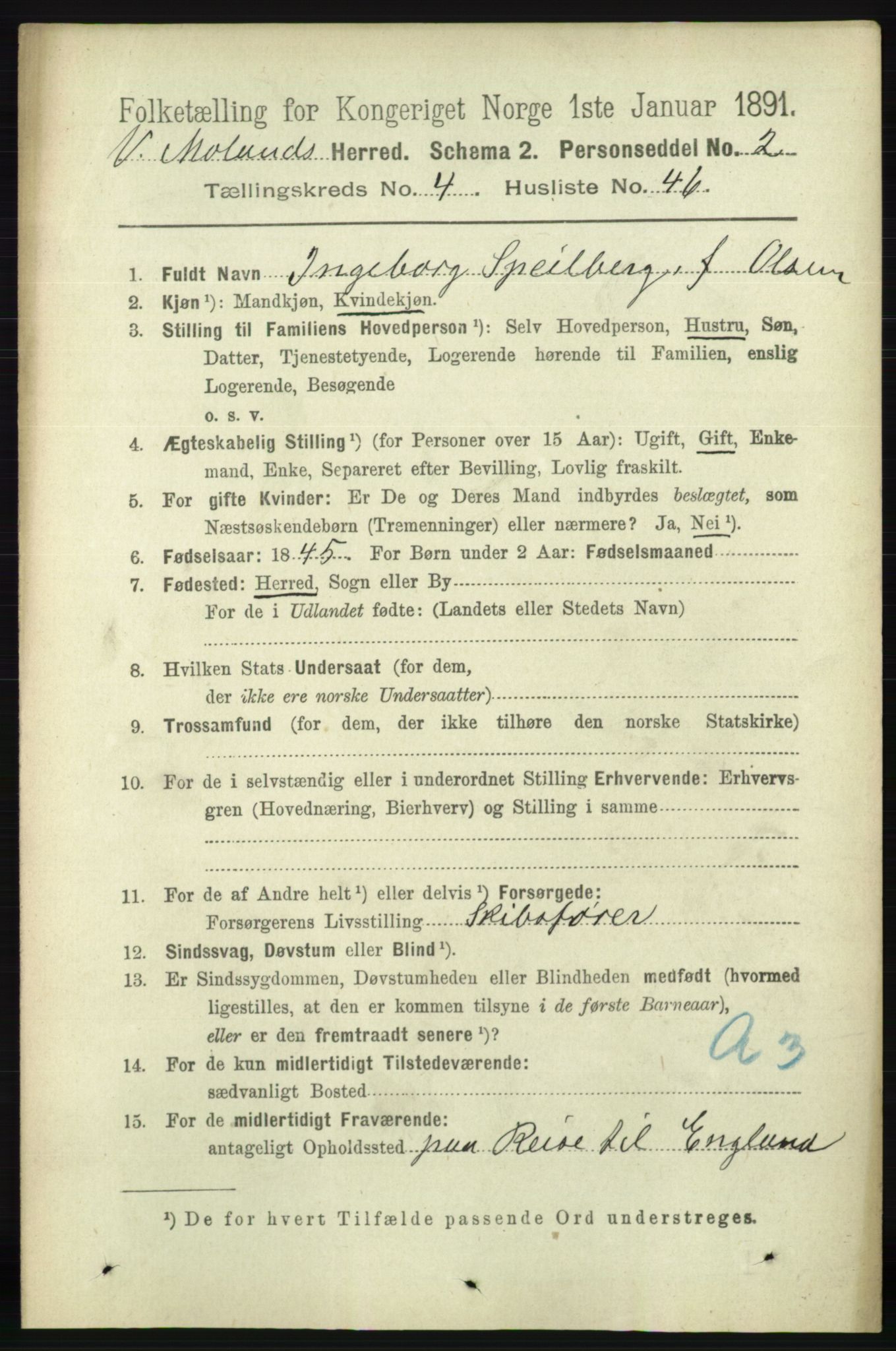 RA, 1891 census for 0926 Vestre Moland, 1891, p. 1565