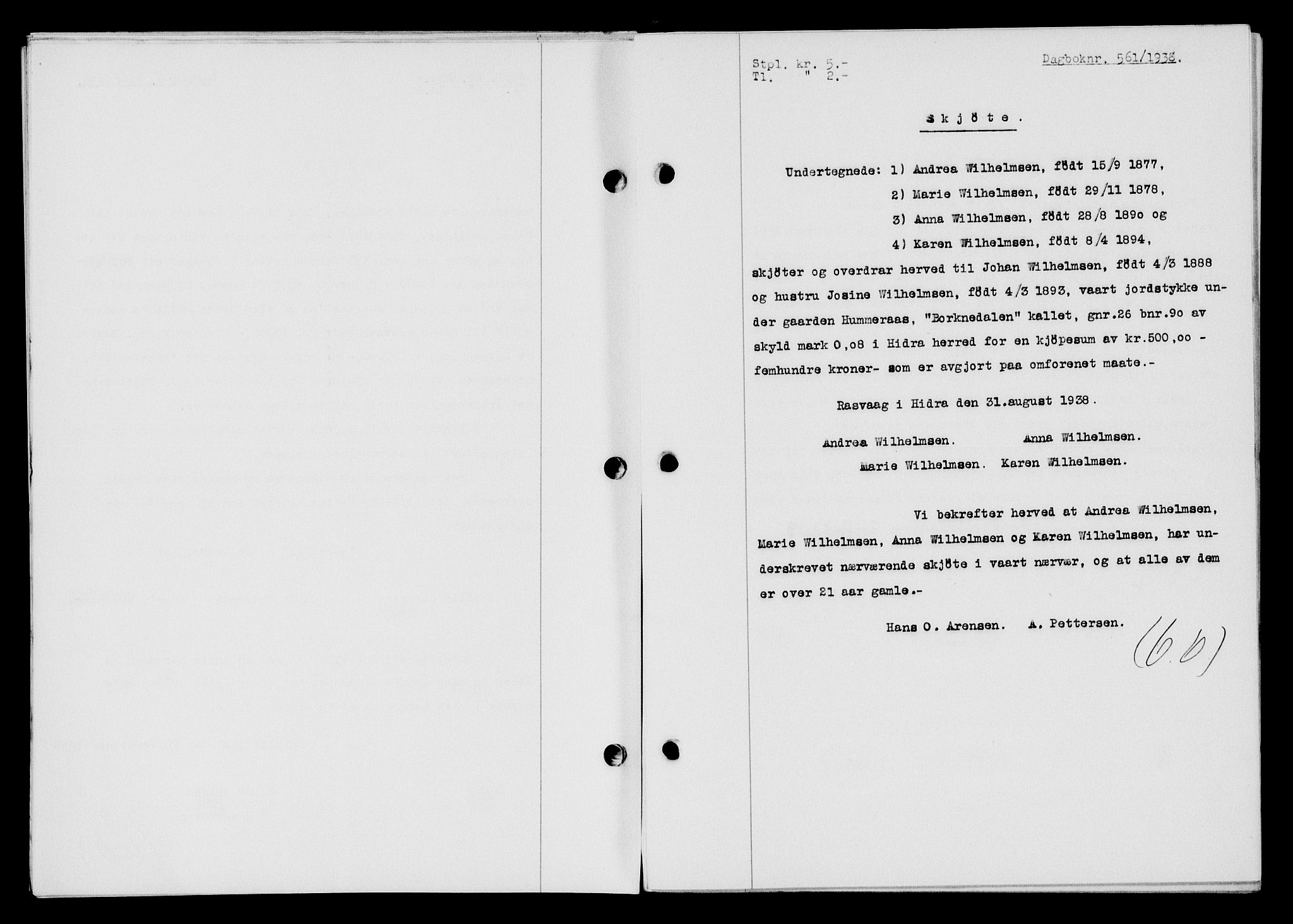 Flekkefjord sorenskriveri, AV/SAK-1221-0001/G/Gb/Gba/L0054: Mortgage book no. A-2, 1937-1938, Diary no: : 561/1938