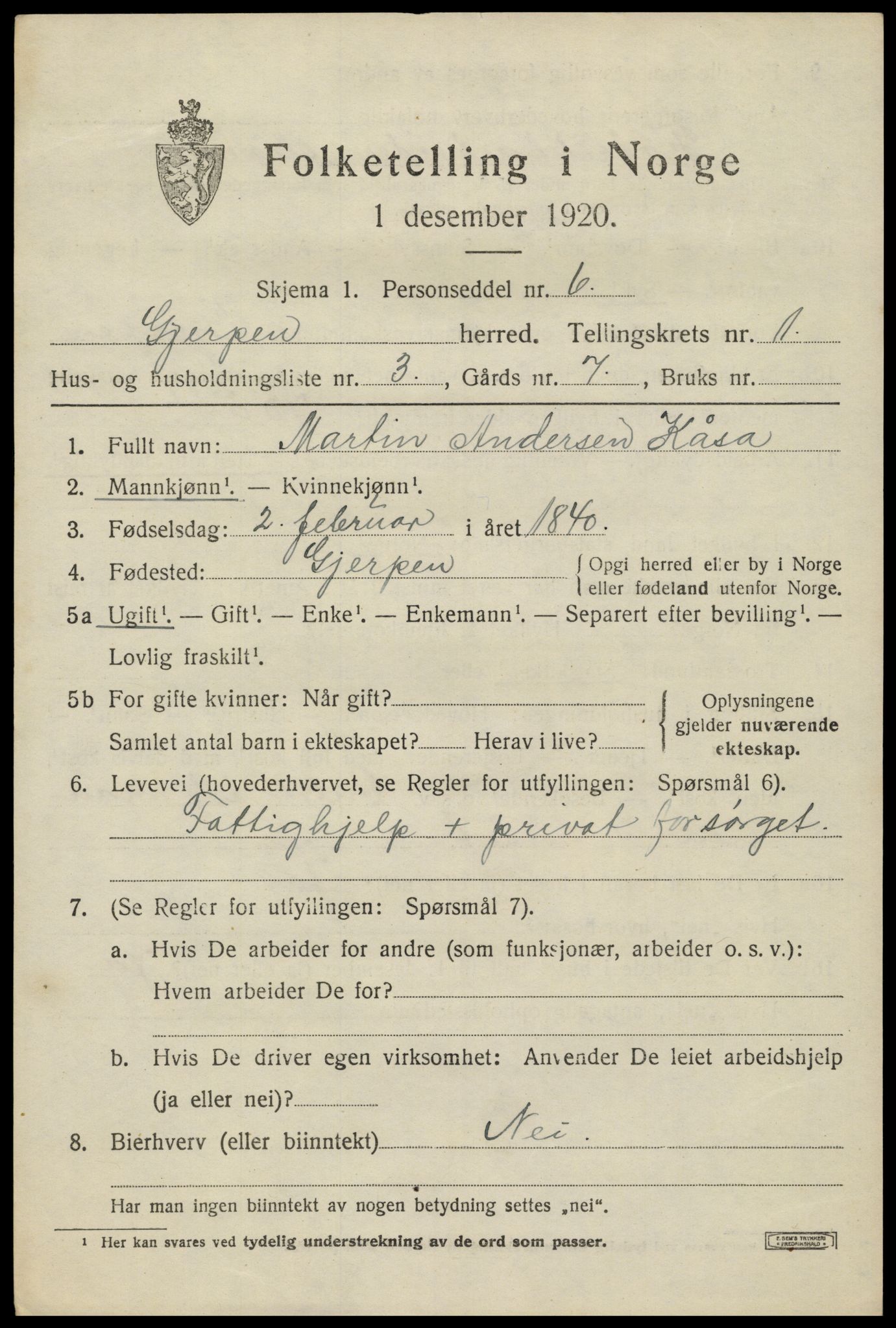SAKO, 1920 census for Gjerpen, 1920, p. 2722