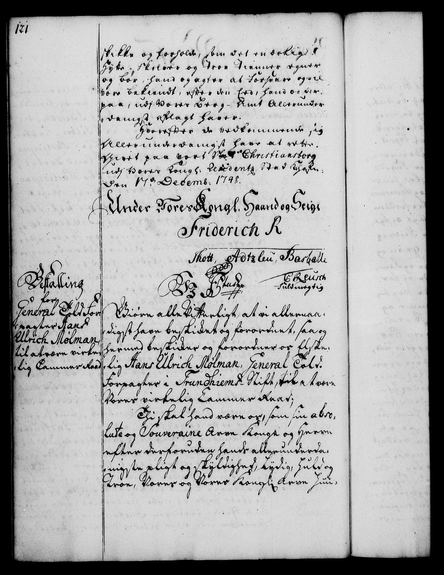 Rentekammeret, Kammerkanselliet, RA/EA-3111/G/Gg/Gge/L0003: Norsk bestallingsprotokoll med register (merket RK 53.27), 1745-1761, p. 121