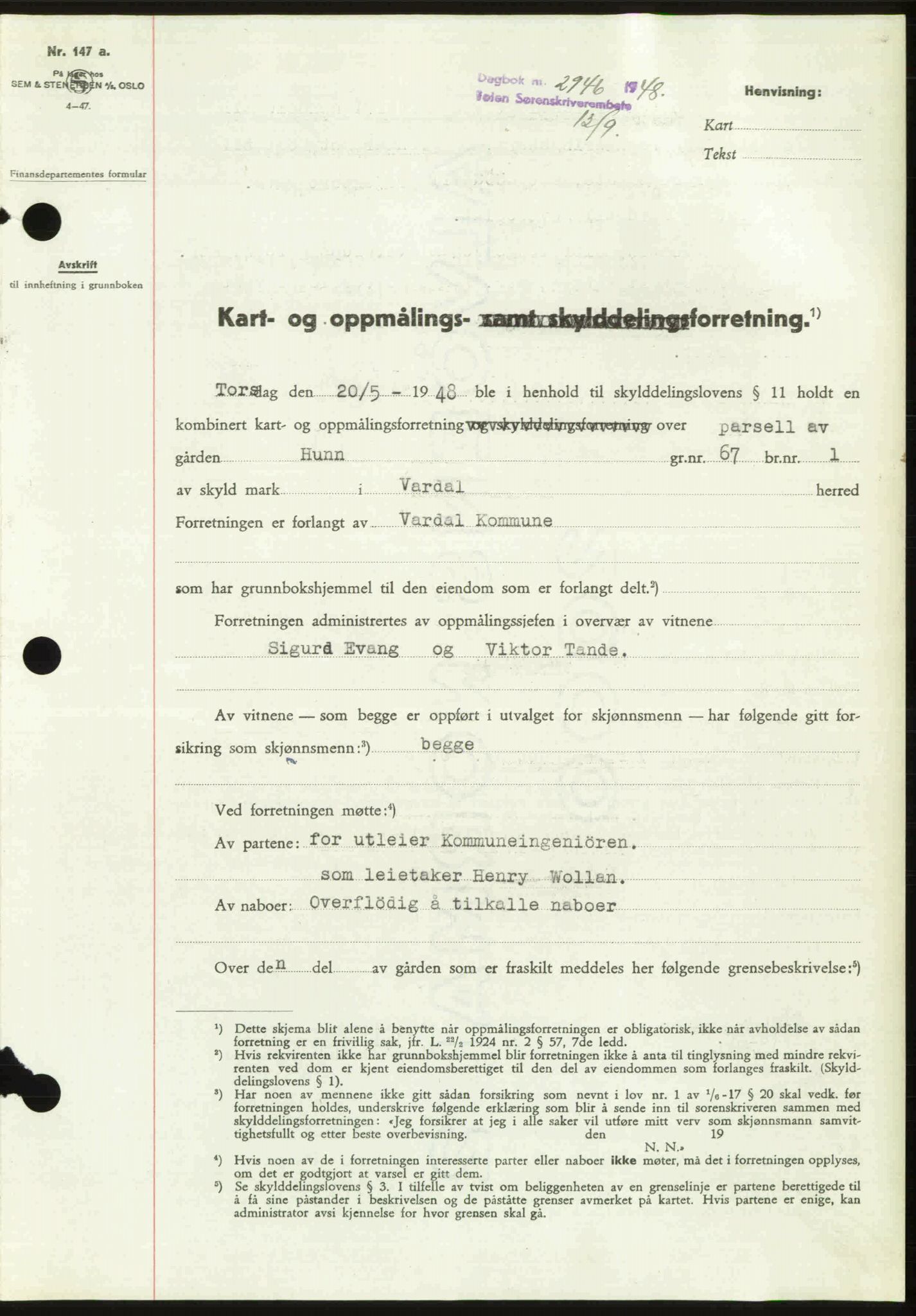 Toten tingrett, SAH/TING-006/H/Hb/Hbc/L0020: Mortgage book no. Hbc-20, 1948-1948, Diary no: : 2946/1948