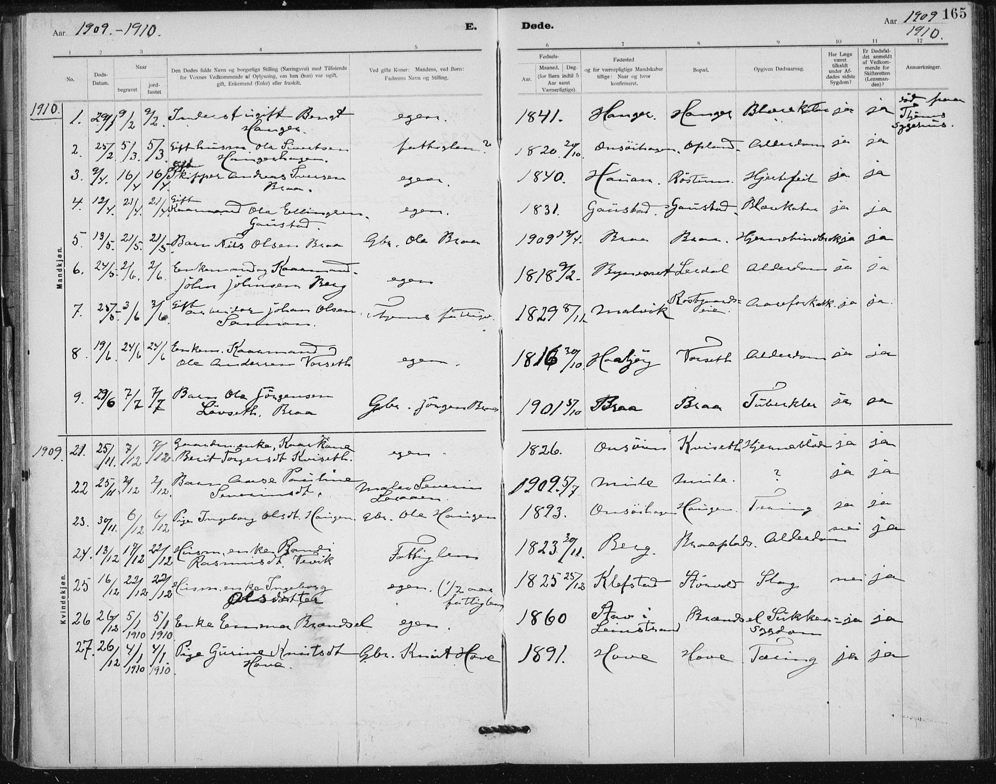 Ministerialprotokoller, klokkerbøker og fødselsregistre - Sør-Trøndelag, AV/SAT-A-1456/612/L0381: Parish register (official) no. 612A13, 1907-1923, p. 165