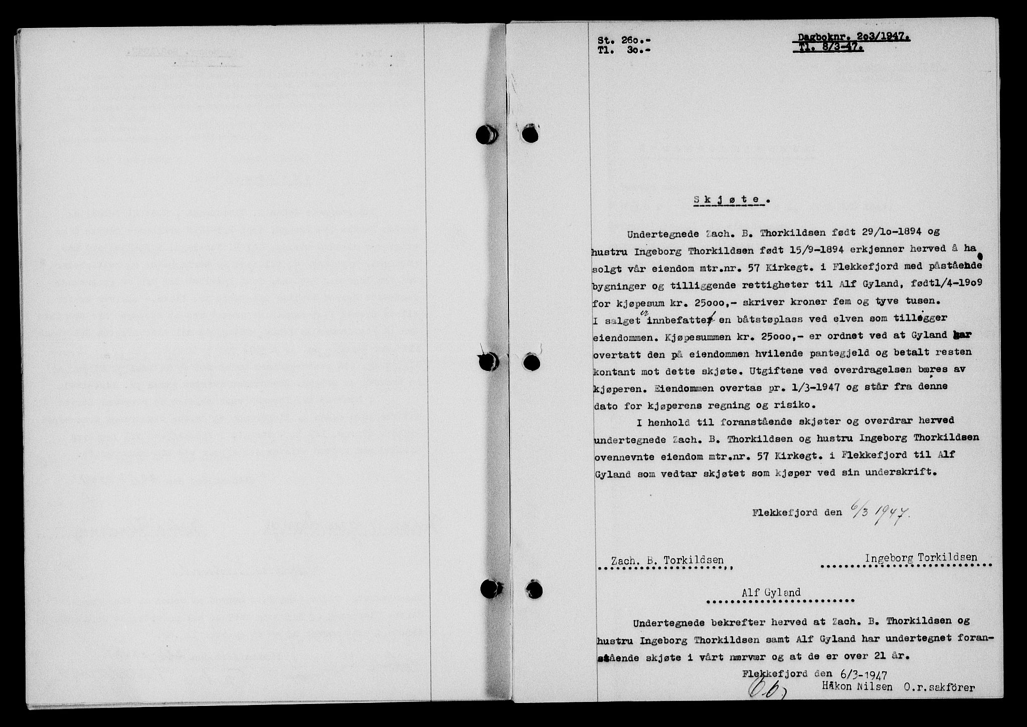 Flekkefjord sorenskriveri, SAK/1221-0001/G/Gb/Gba/L0061: Mortgage book no. A-9, 1946-1947, Diary no: : 203/1947