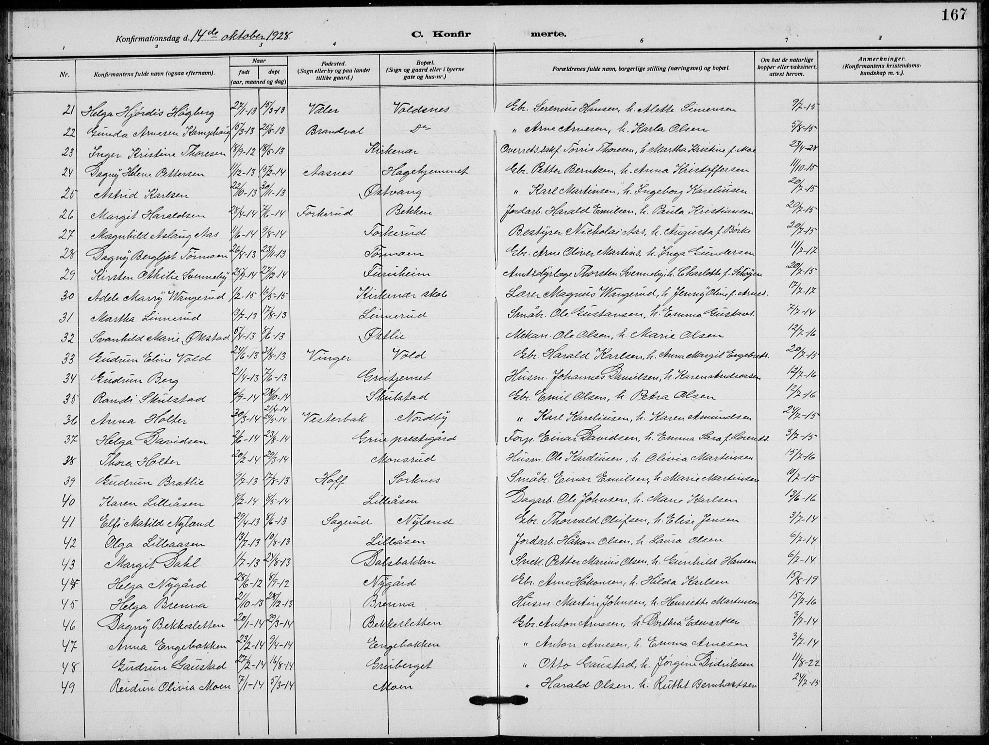 Grue prestekontor, AV/SAH-PREST-036/H/Ha/Hab/L0008: Parish register (copy) no. 8, 1921-1934, p. 167