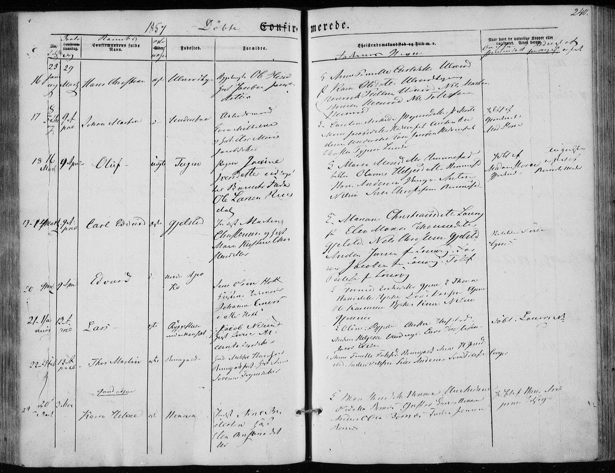Hedrum kirkebøker, SAKO/A-344/F/Fa/L0006: Parish register (official) no. I 6, 1849-1857, p. 240