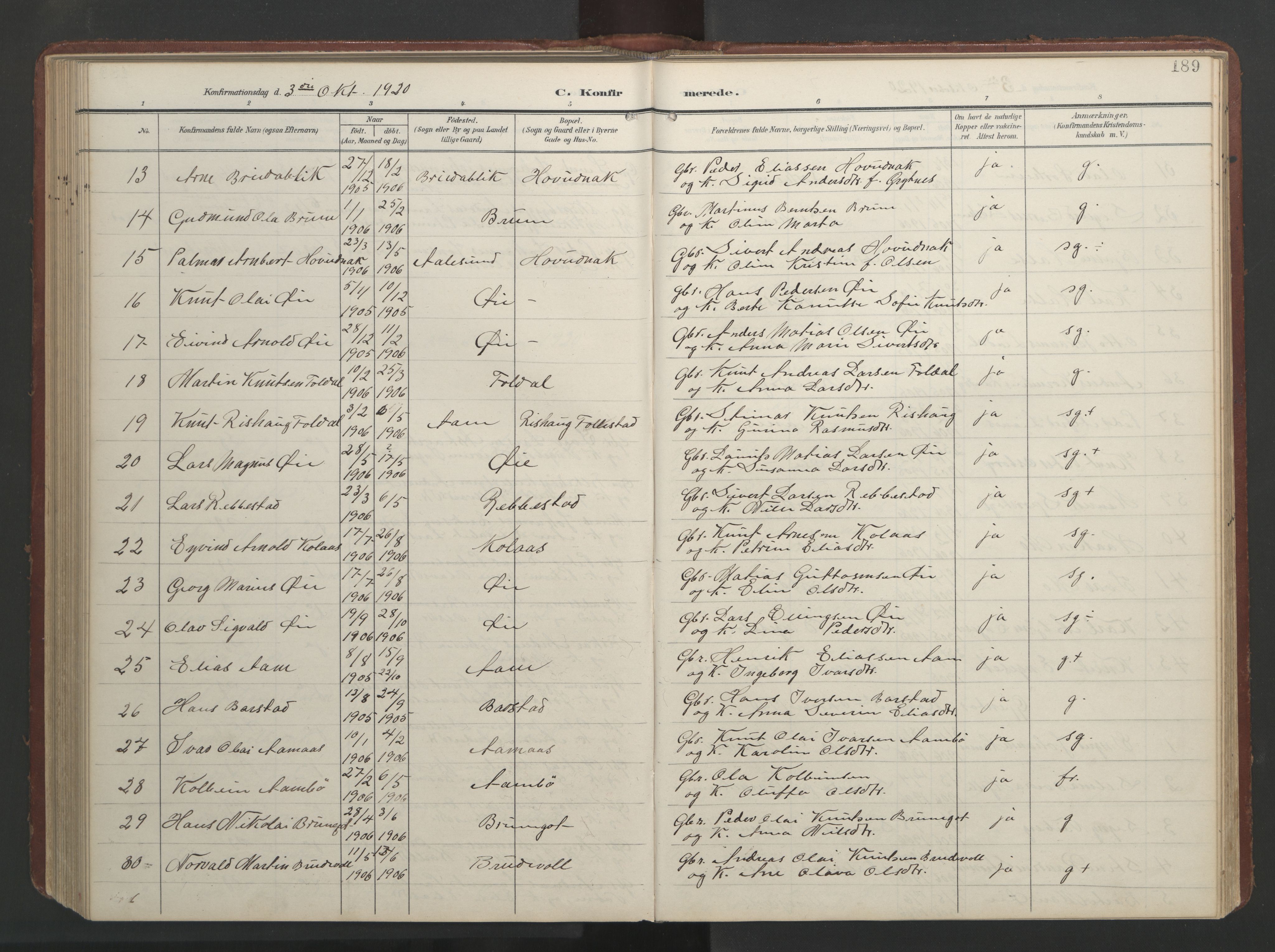 Ministerialprotokoller, klokkerbøker og fødselsregistre - Møre og Romsdal, SAT/A-1454/513/L0190: Parish register (copy) no. 513C04, 1904-1926, p. 189