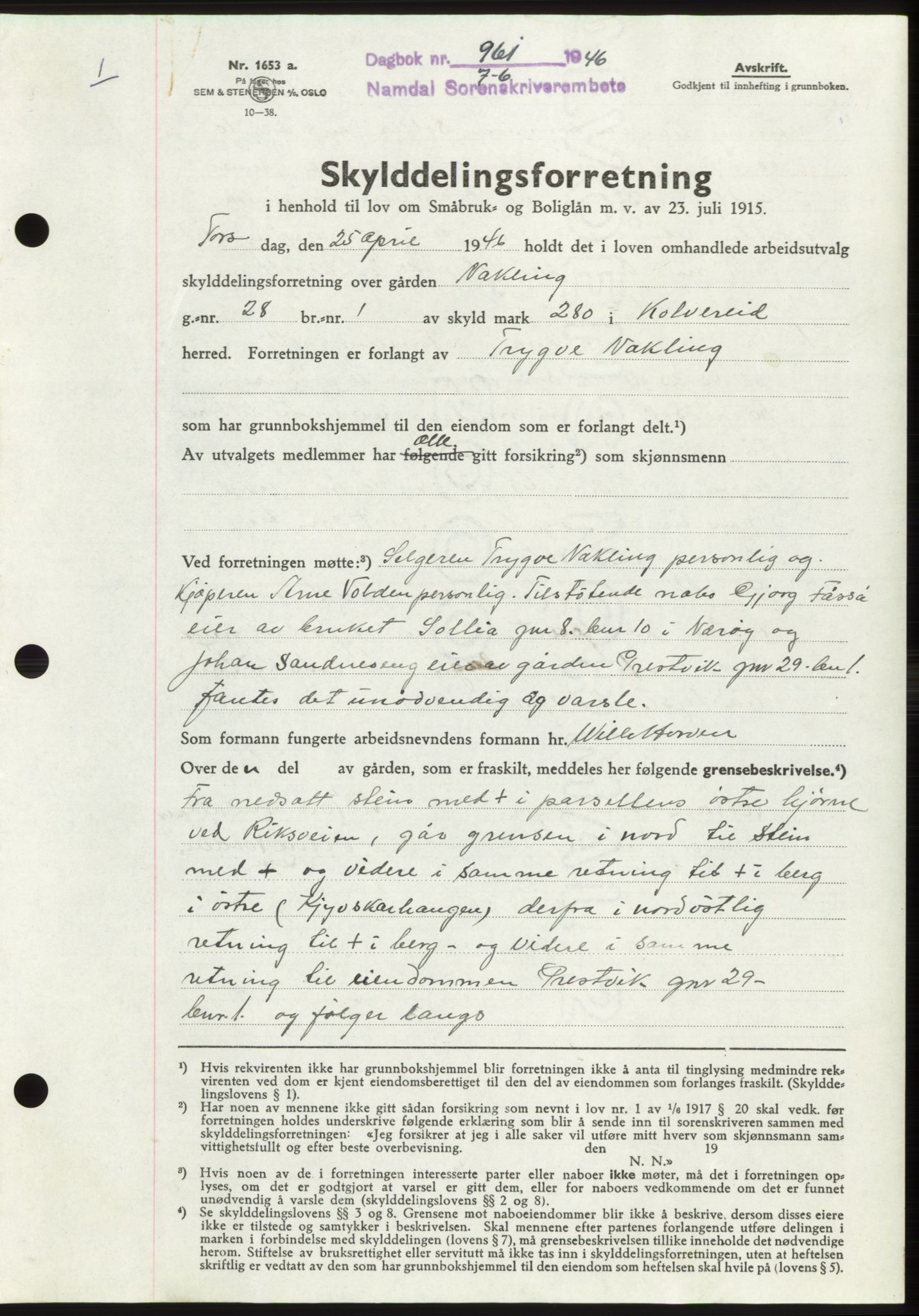 Namdal sorenskriveri, AV/SAT-A-4133/1/2/2C: Mortgage book no. -, 1946-1946, Diary no: : 961/1946