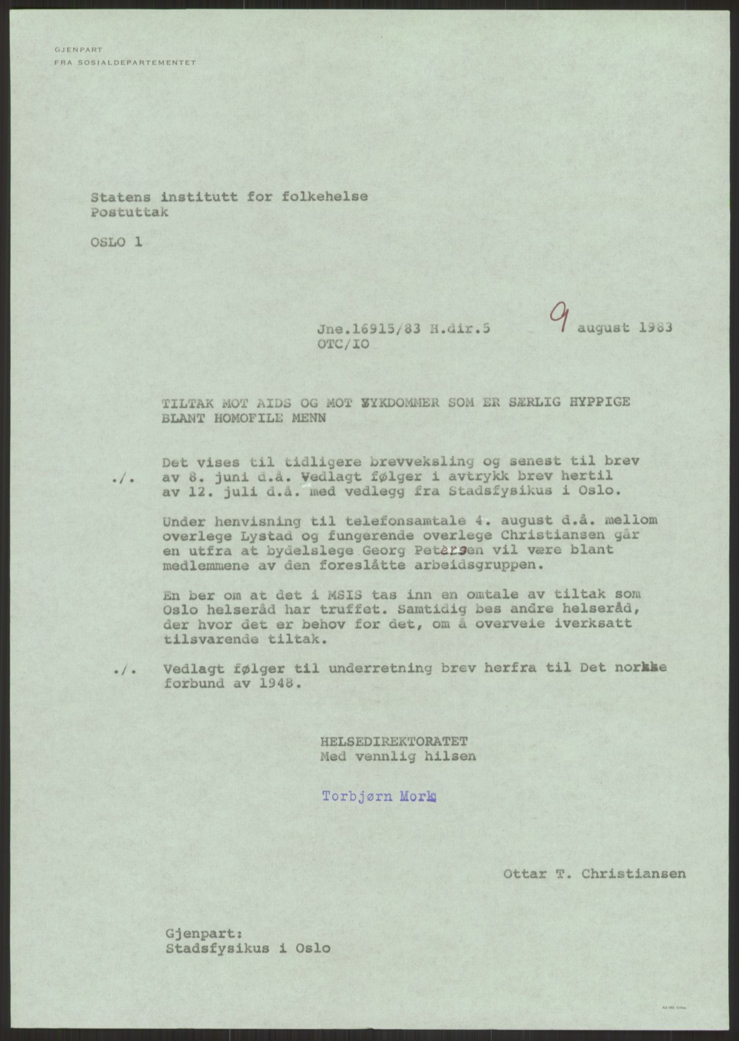 Sosialdepartementet, Helsedirektoratet, Hygienekontoret, H5, AV/RA-S-1287/2/D/Dc/L0151/0001: -- / Aids, 1983, p. 31