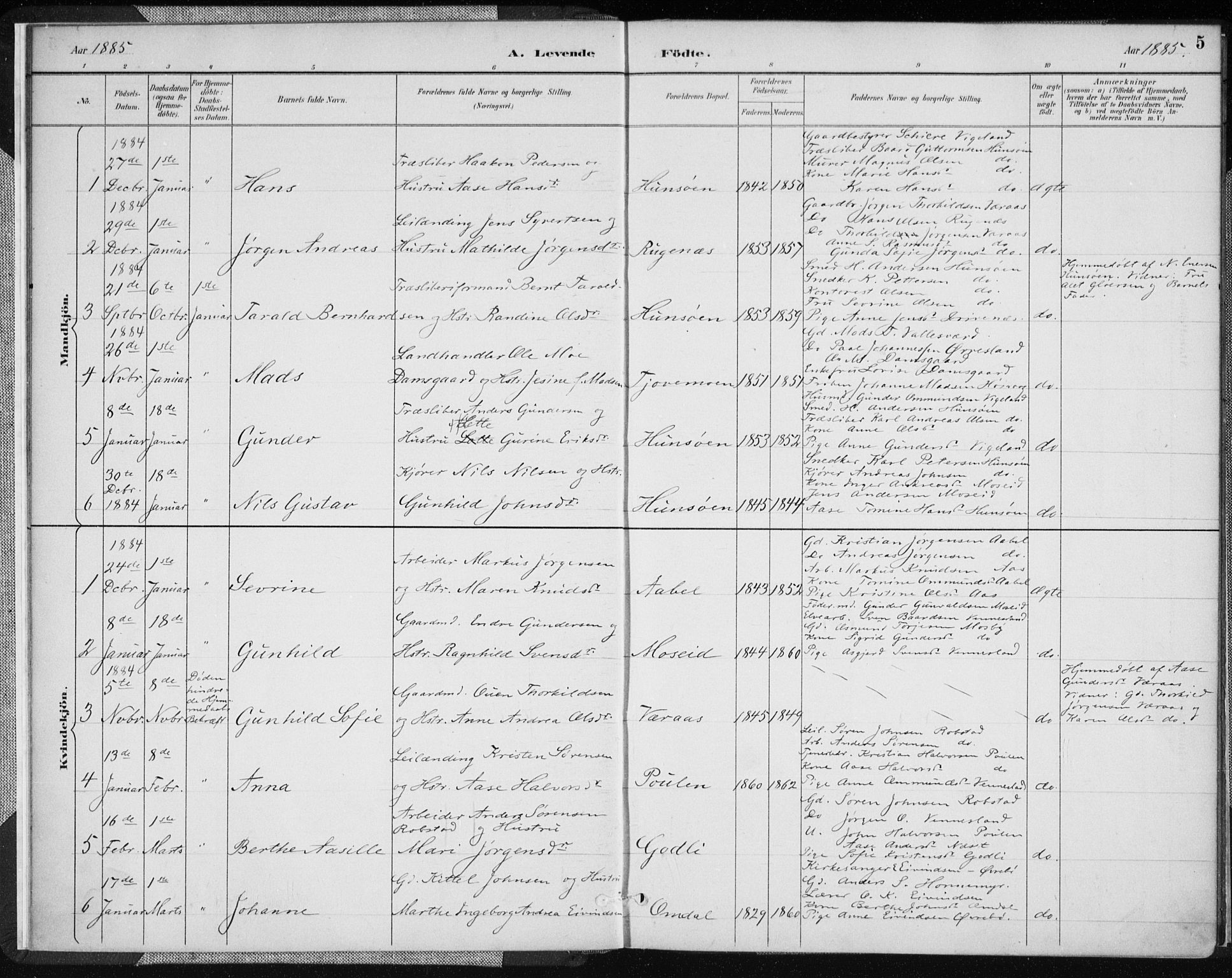 Vennesla sokneprestkontor, AV/SAK-1111-0045/Fa/Fab/L0004: Parish register (official) no. A 4, 1884-1896, p. 5