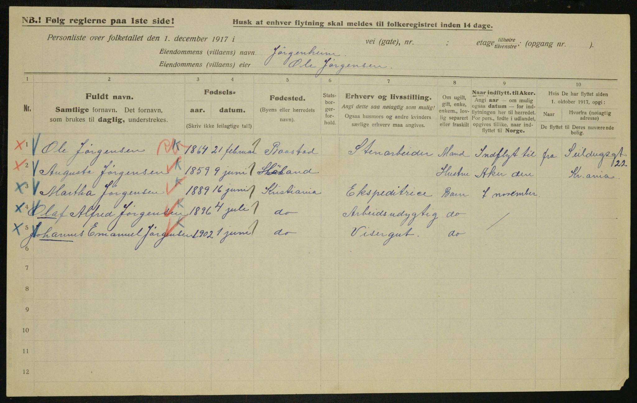 OBA, Municipal Census 1917 for Aker, 1917, p. 13987