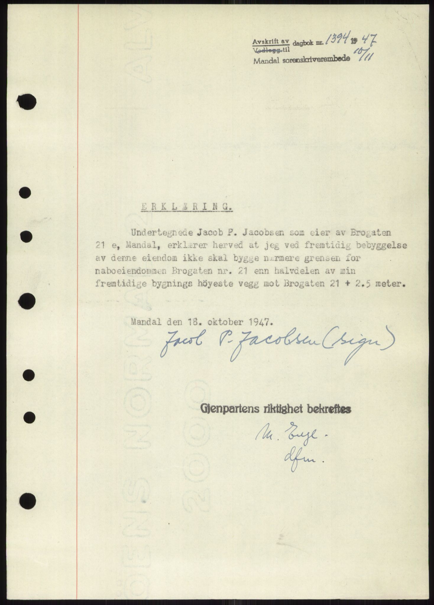 Mandal sorenskriveri, SAK/1221-0005/001/G/Gb/Gbb/L0002: Mortgage book no. B-2 - B-3, 1946-1950, Diary no: : 1394/1947