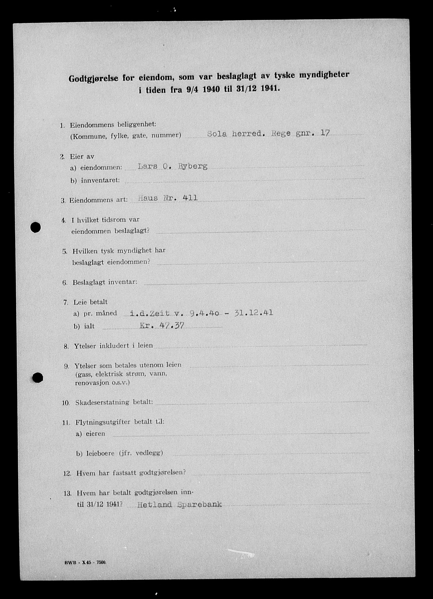 Justisdepartementet, Tilbakeføringskontoret for inndratte formuer, AV/RA-S-1564/I/L1014: Godtgjørelse for beslaglagt eiendom, 1940-1941, p. 210