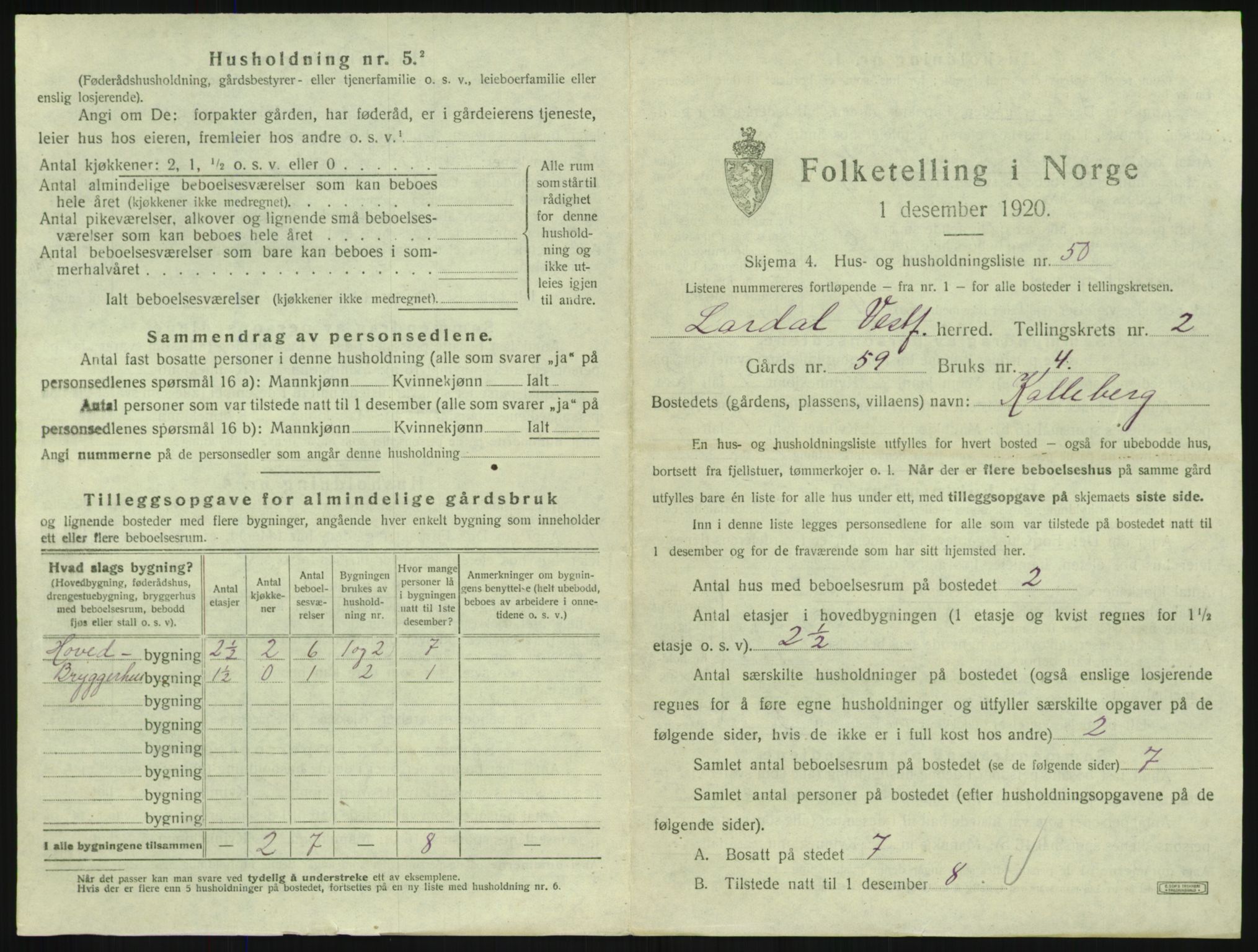 SAKO, 1920 census for Lardal, 1920, p. 309