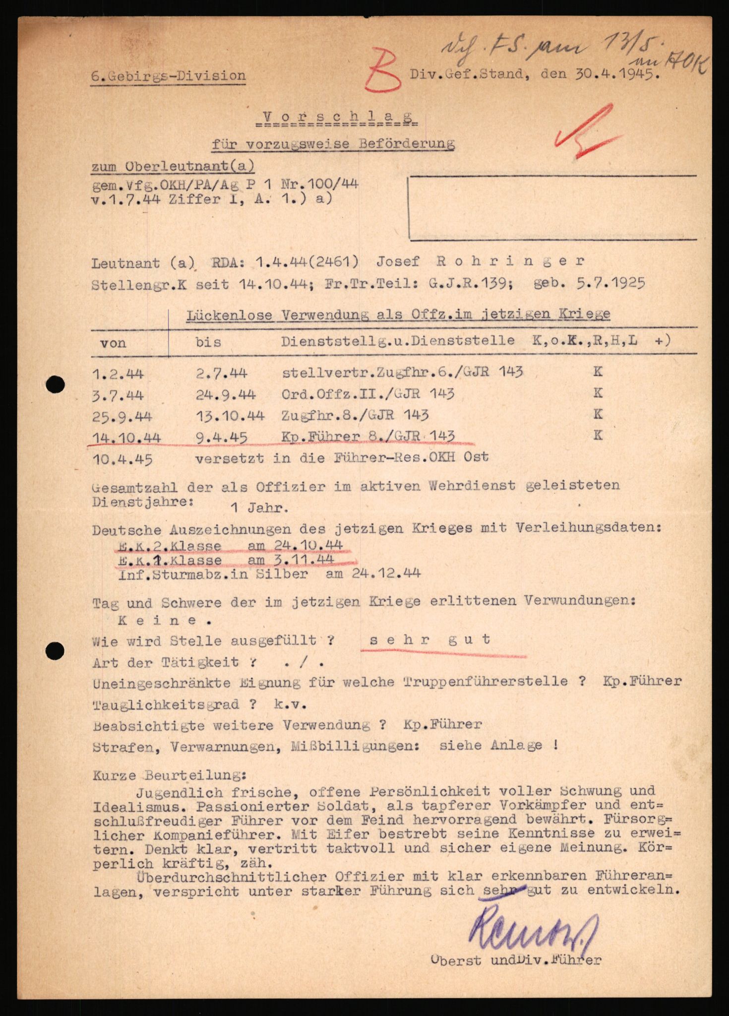 Forsvarets Overkommando. 2 kontor. Arkiv 11.4. Spredte tyske arkivsaker, AV/RA-RAFA-7031/D/Dar/Dara/L0019: Personalbøker og diverse, 1940-1945, p. 10