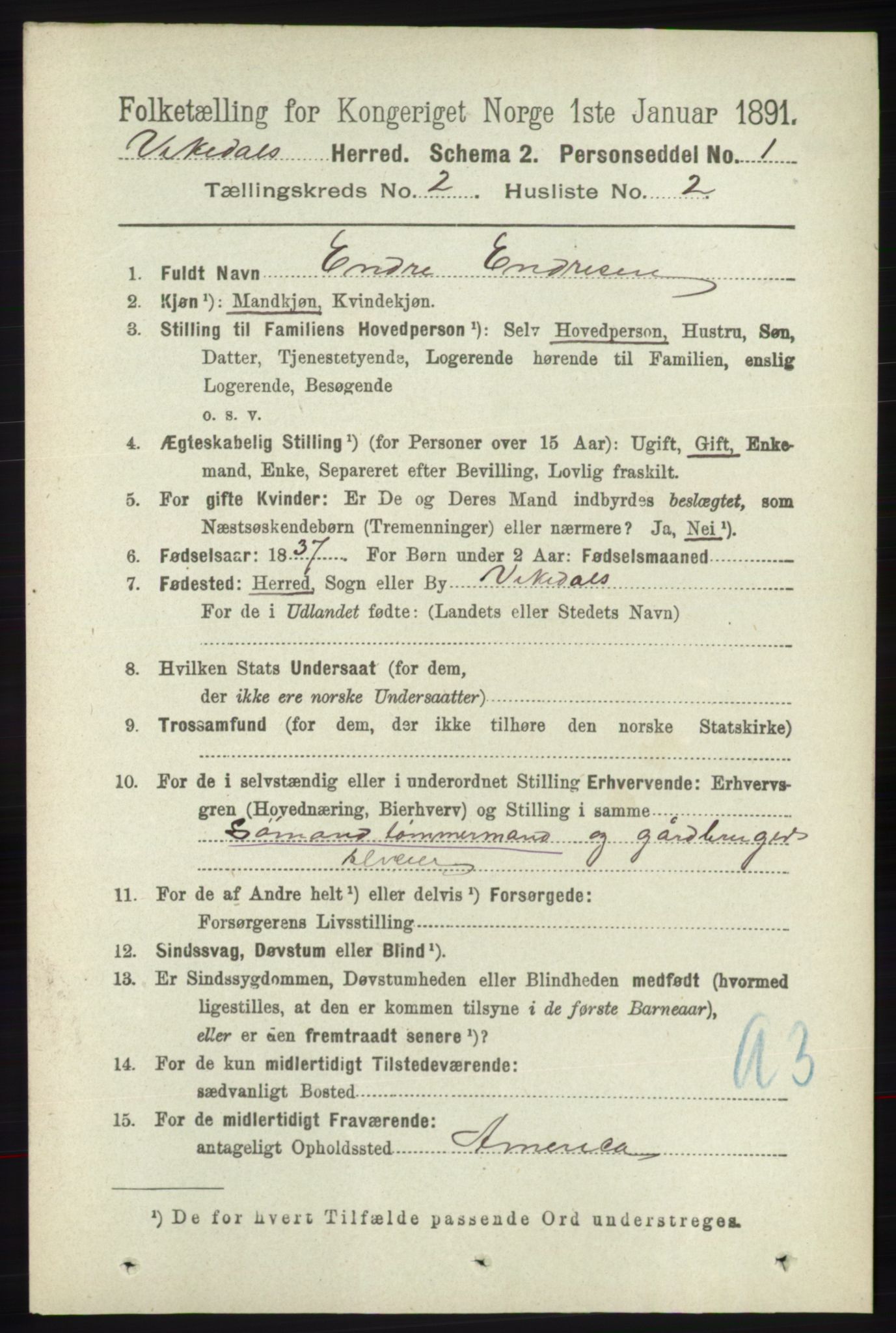 RA, 1891 census for 1157 Vikedal, 1891, p. 291